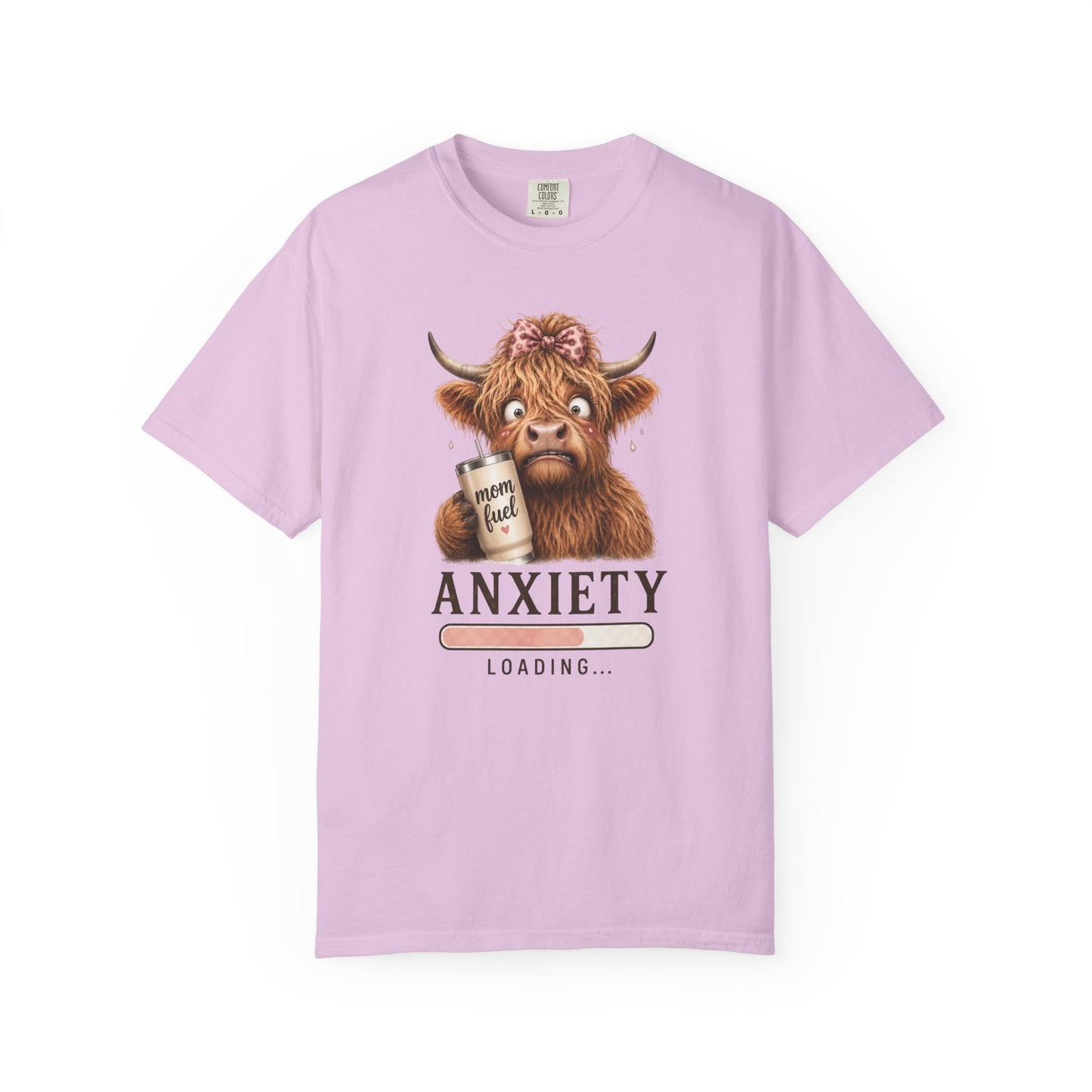 Anxiety Loading T-Shirt — Cute Highland Cow with 'Mom Fuel' Mug