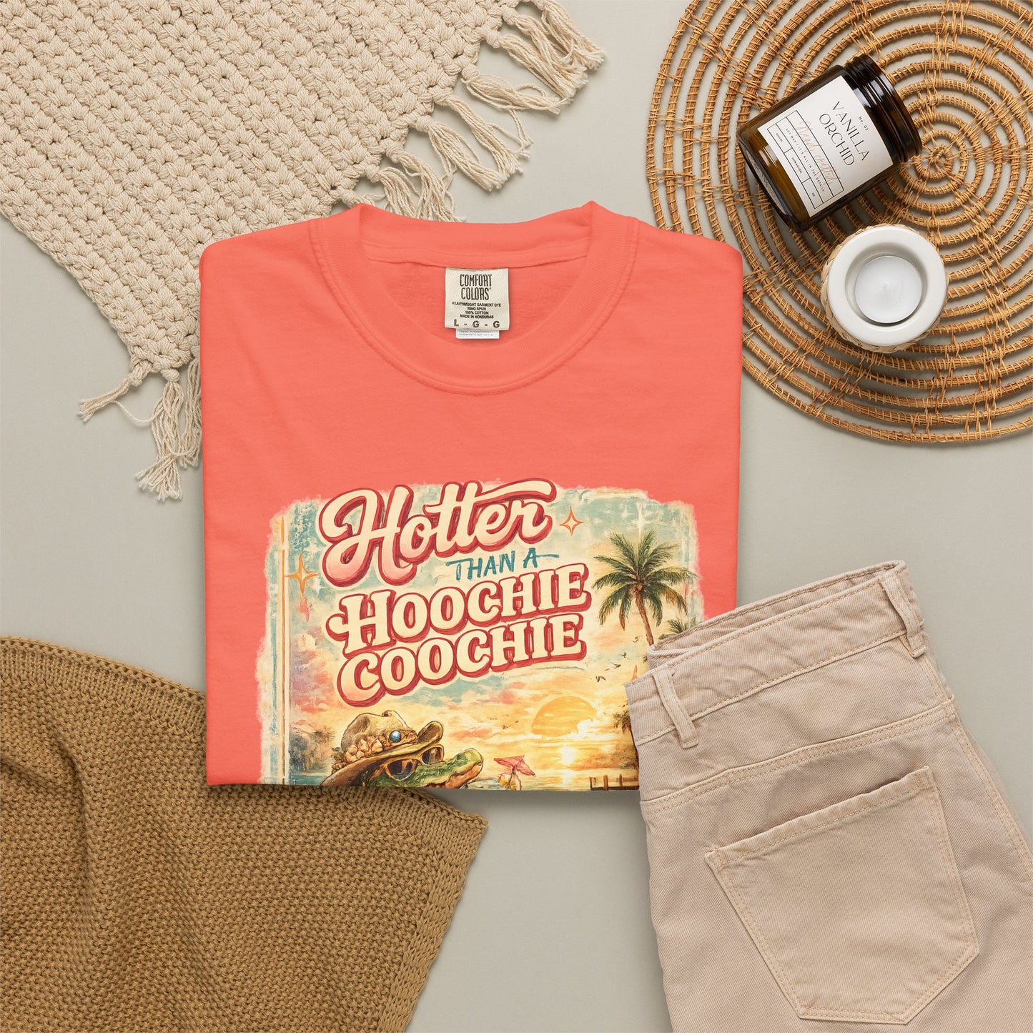 "Hotter Than a Hoochie Coochie" Retro Alligator Beach Graphic