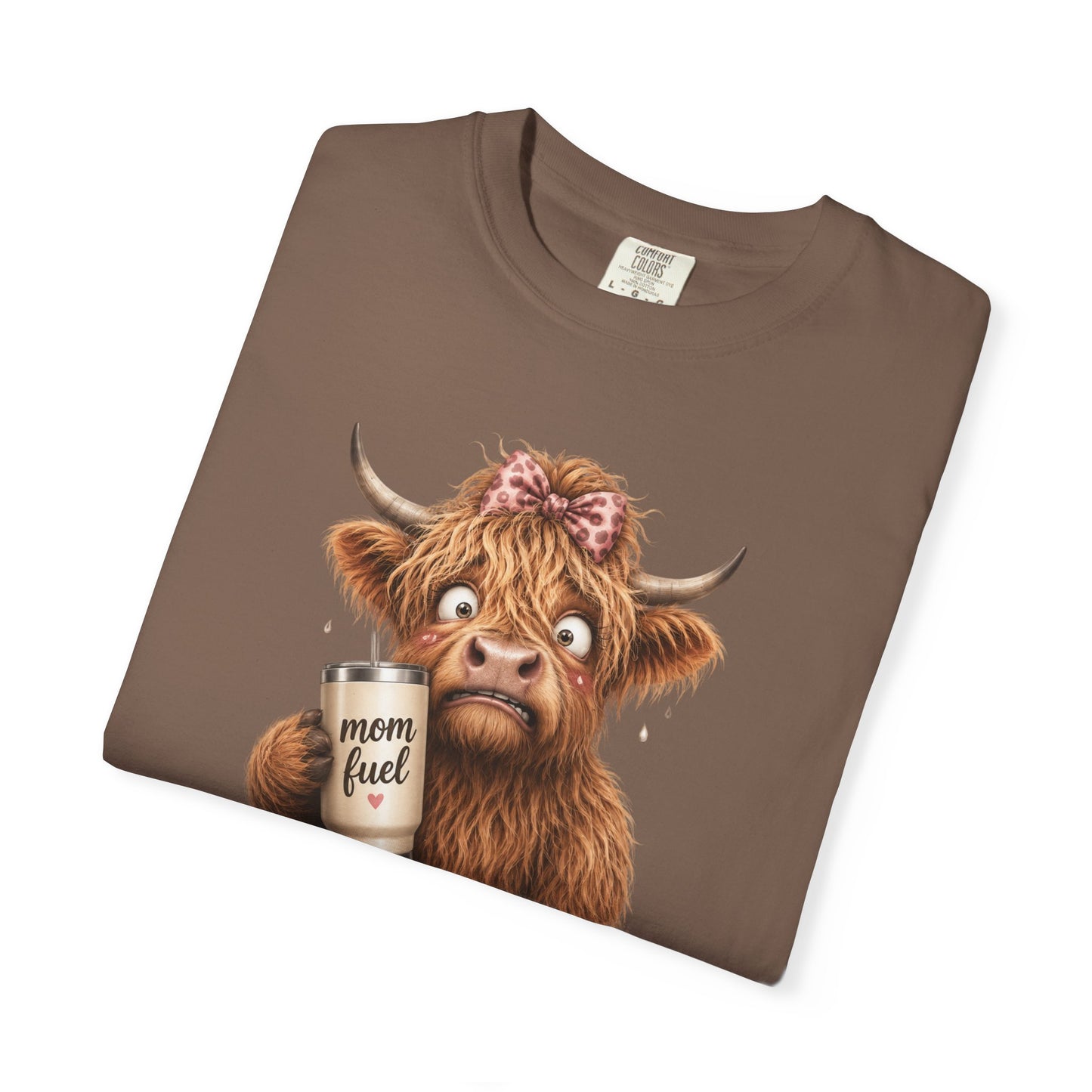 Anxiety Loading T-Shirt — Cute Highland Cow with 'Mom Fuel' Mug