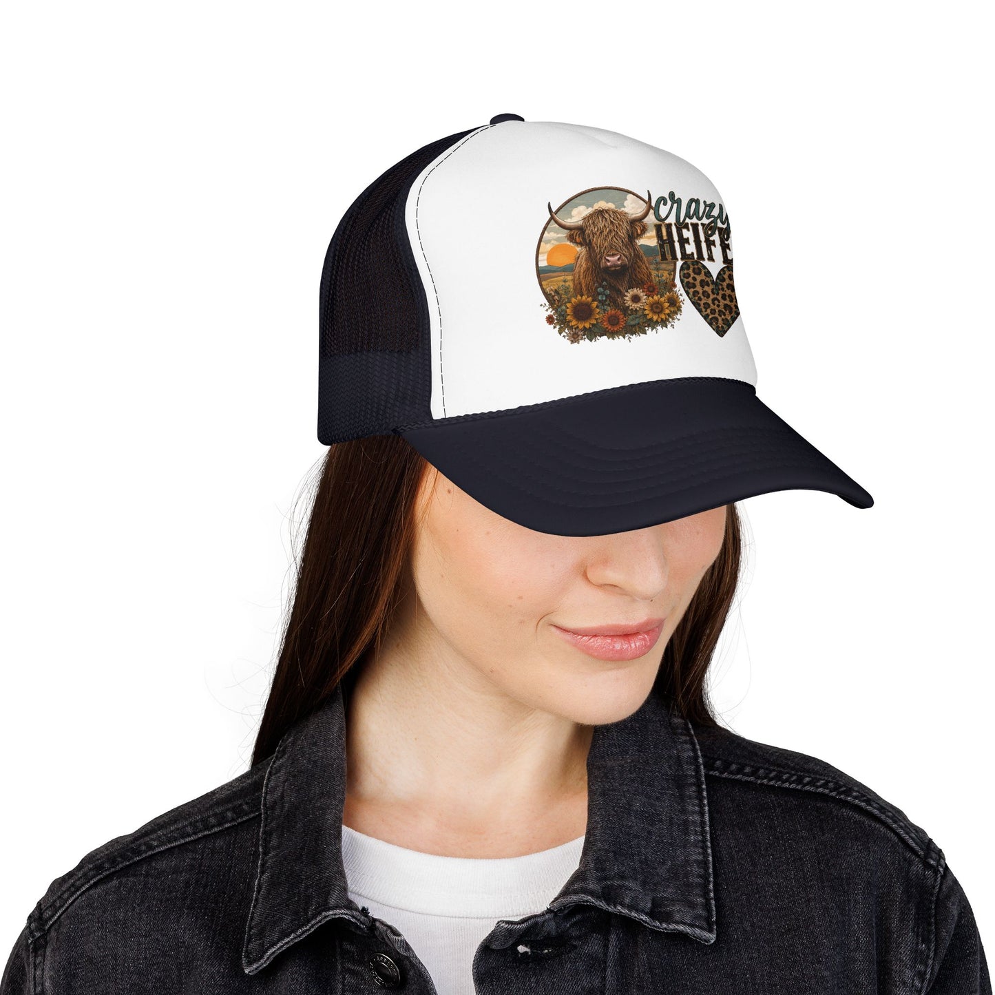 Crazy Heifer Trucker Hat — Sunflower Highland Cow Farm Cap
