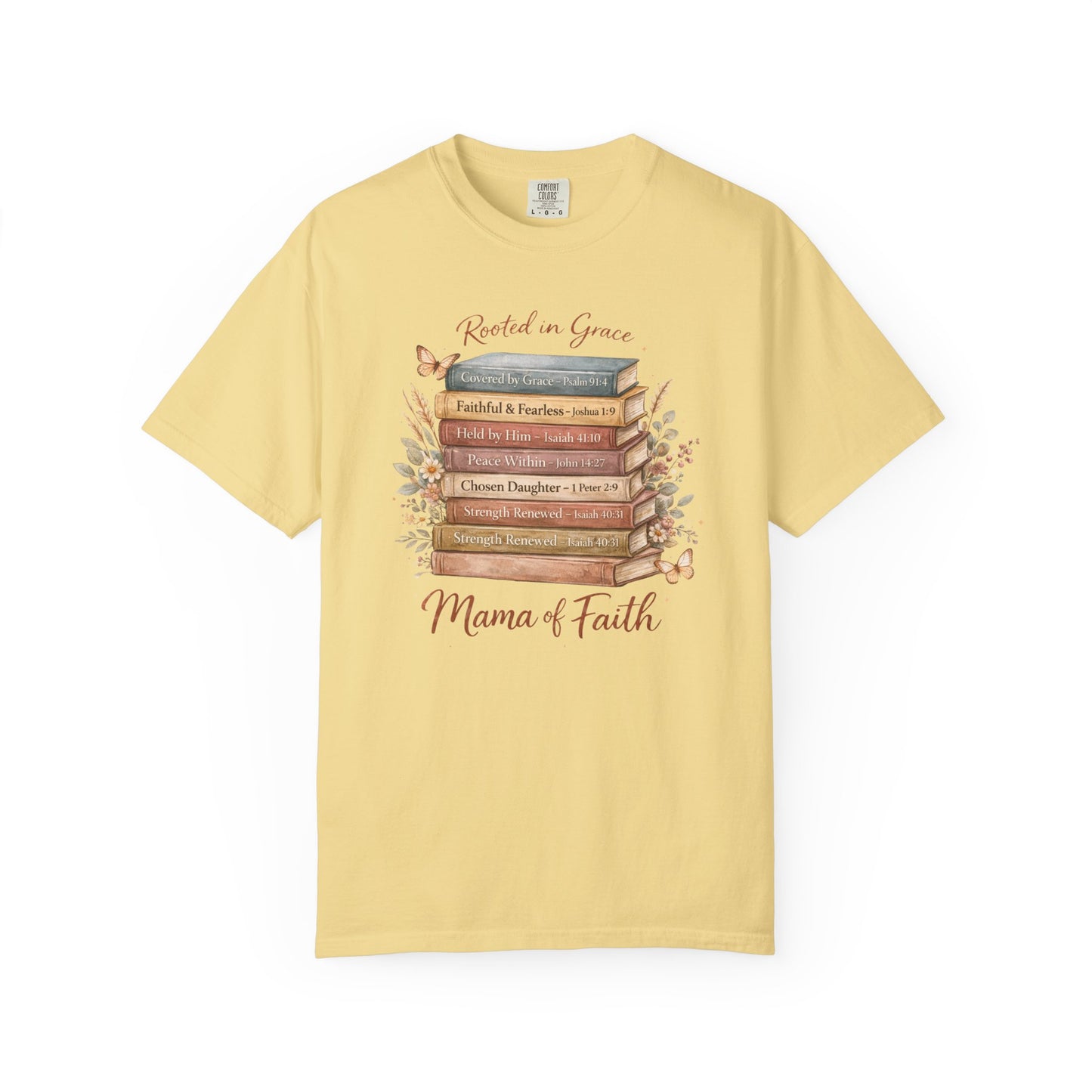 Mama of Faith Book Stack T‑Shirt — Rooted in Grace Christian Mother's Tee