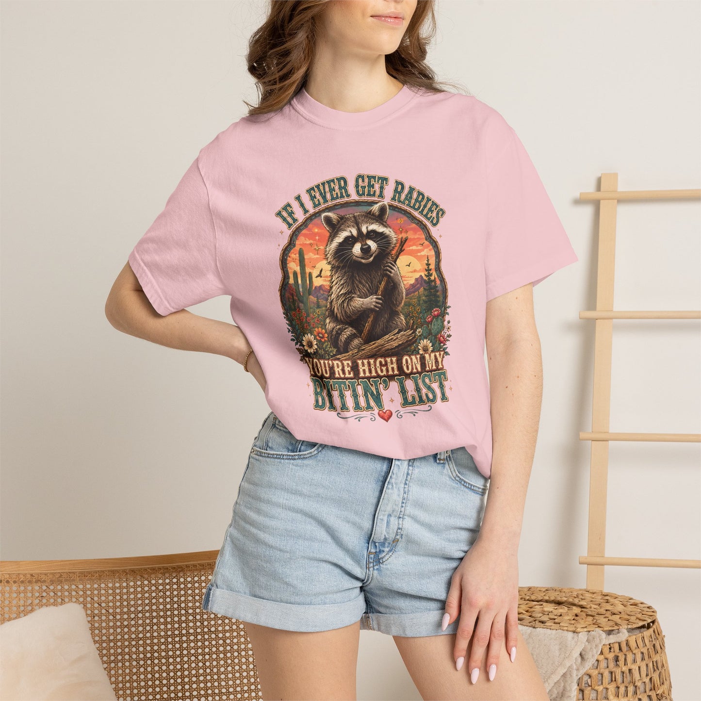 Raccoon Sunset T‑Shirt — “If I Ever Get Riches You’re High On My Bitin’ List” Funny Retro Graphic Tee