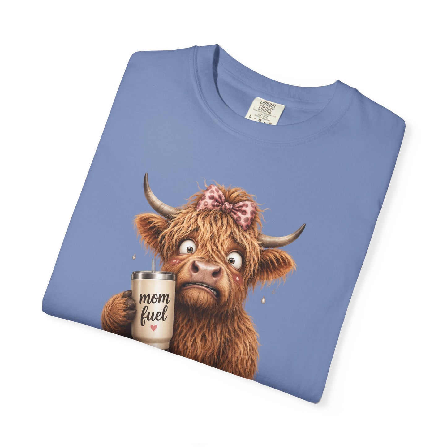 Anxiety Loading T-Shirt — Cute Highland Cow with 'Mom Fuel' Mug