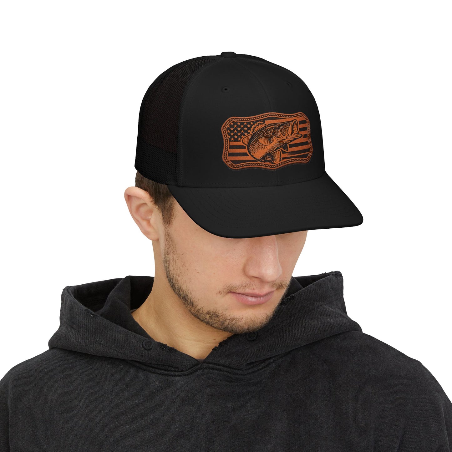 Trucker Hat — Leather Patch Bass Flag Design