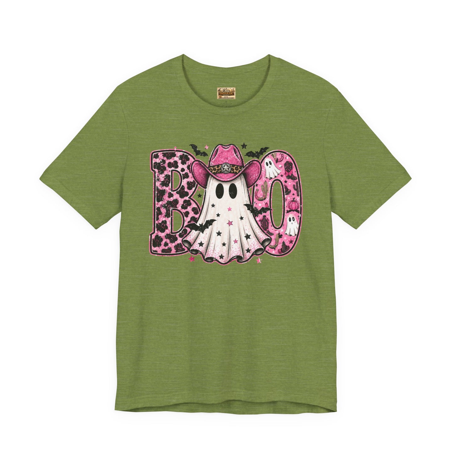 Boo Pink Leopard Ghost Tee — Cute Cowgirl Halloween T-Shirt