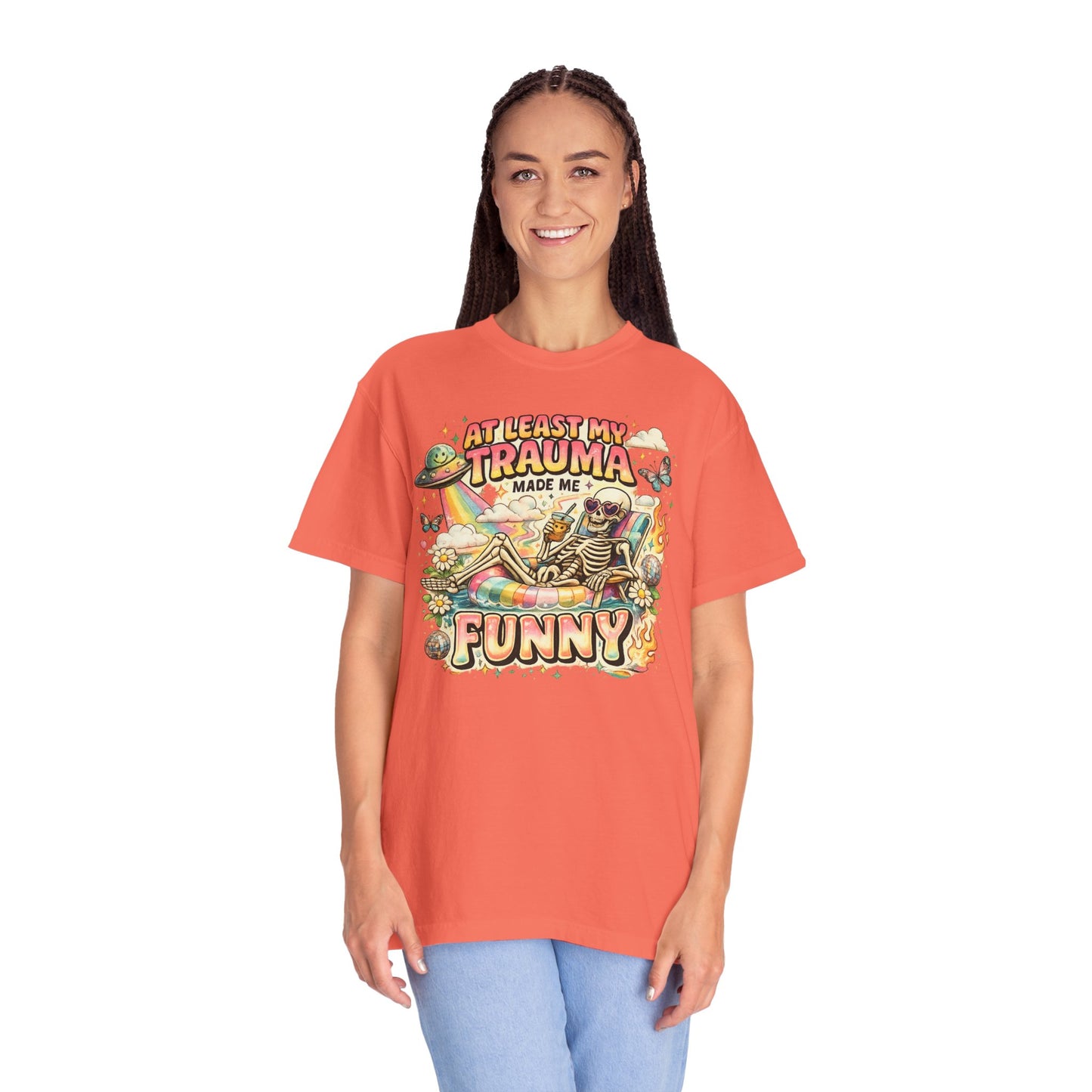 Funny Skeleton Graphic T-Shirt — "At Least My Trauma Made Me Funny"