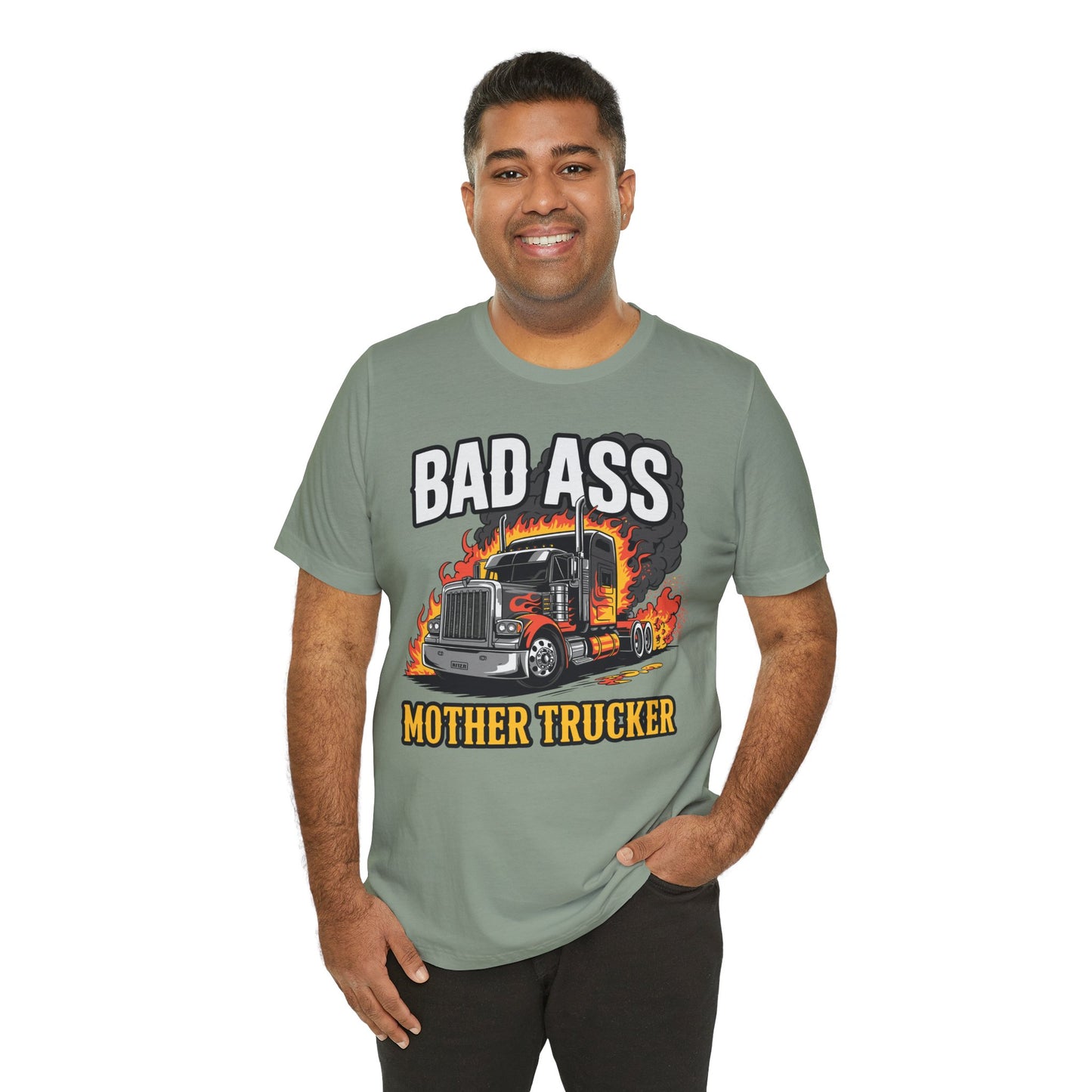 Bad Ass Mother Trucker Tee — Graphic Semi Truck Flames Shirt