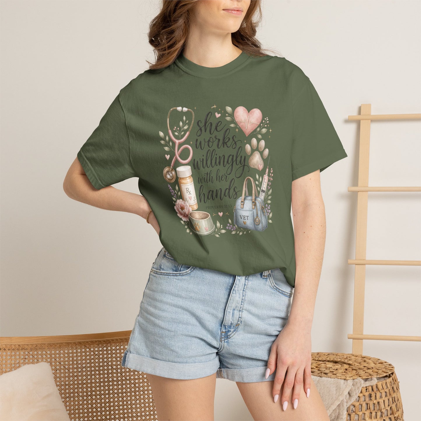 "She Works Willingly With Her Hands" Vet & Vet Tech Graphic Tee