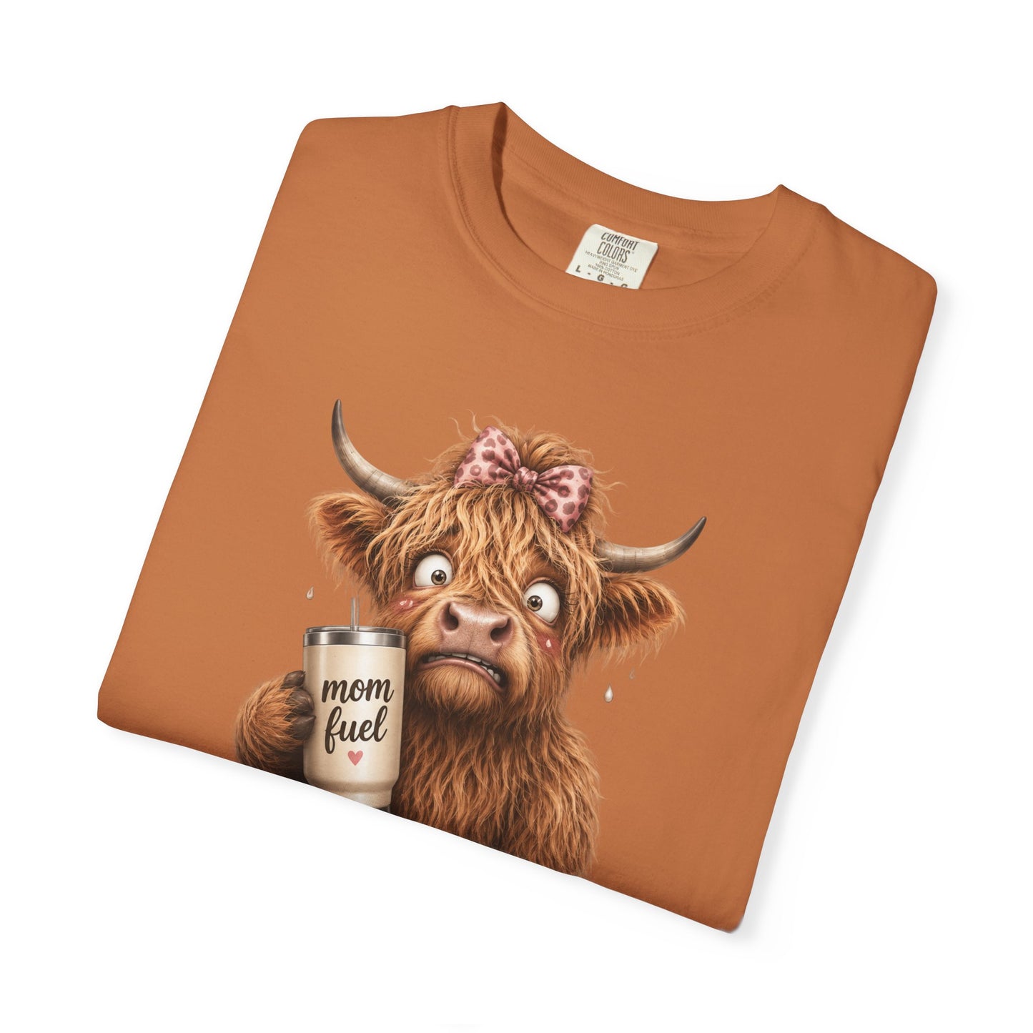 Anxiety Loading T-Shirt — Cute Highland Cow with 'Mom Fuel' Mug