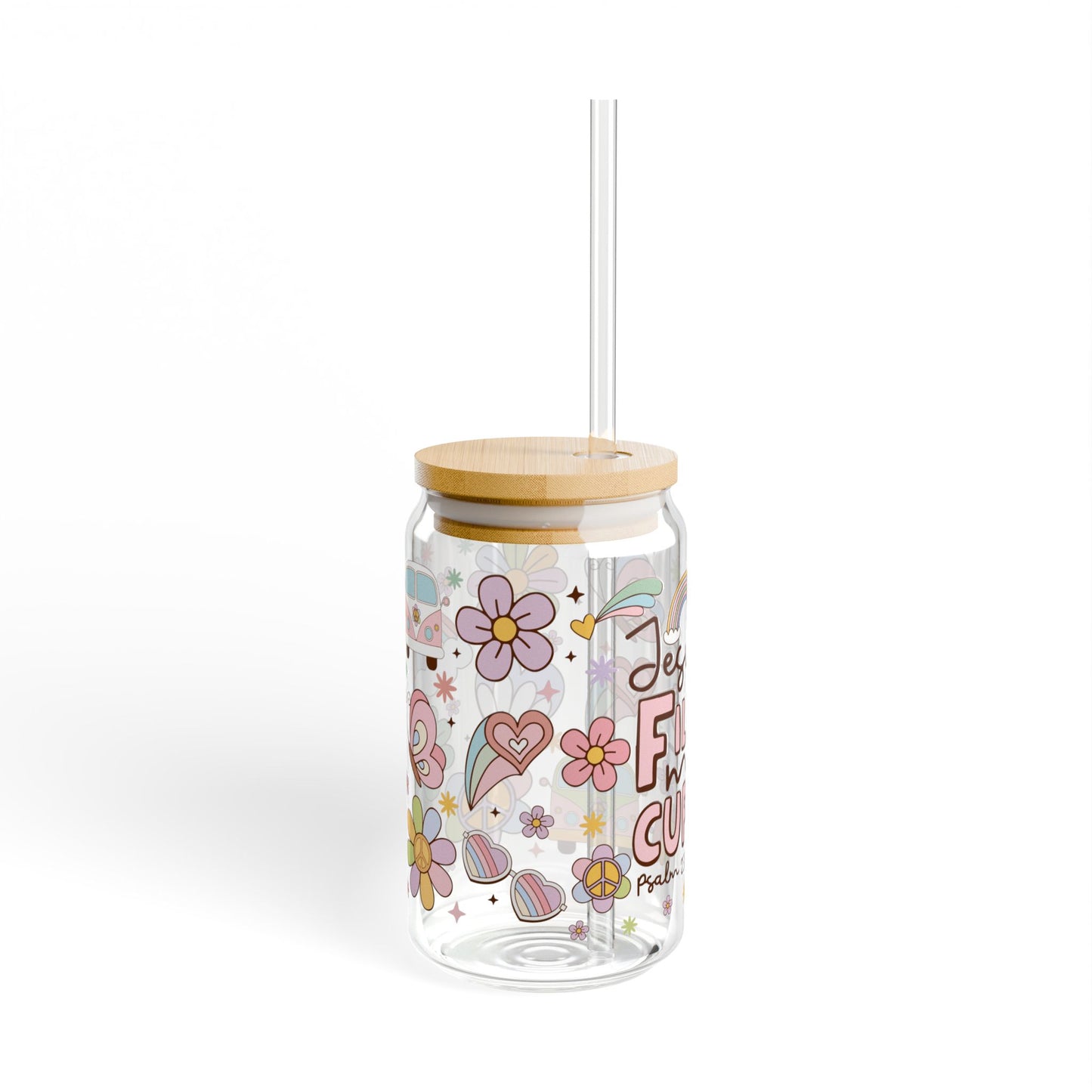 Jesus Fills My Cup 16oz Glass Sipper — Faith-Inspired Rainbow & Floral Tumbler