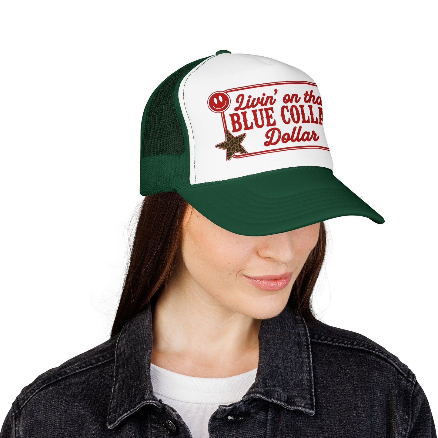 Livin' On That Blue Collar Dollar Foam Trucker Hat — Retro Workwear Cherry Patch