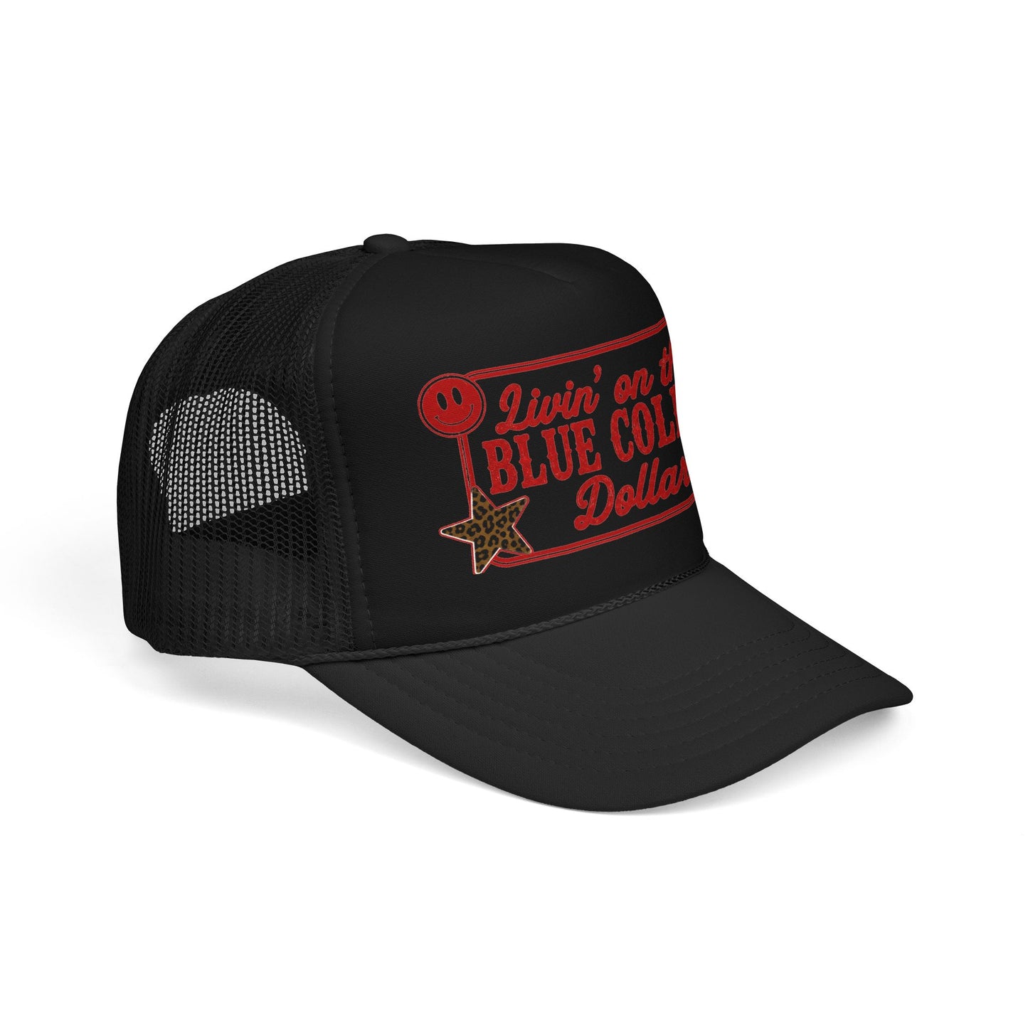 Livin' On That Blue Collar Dollar Foam Trucker Hat — Retro Workwear Cherry Patch