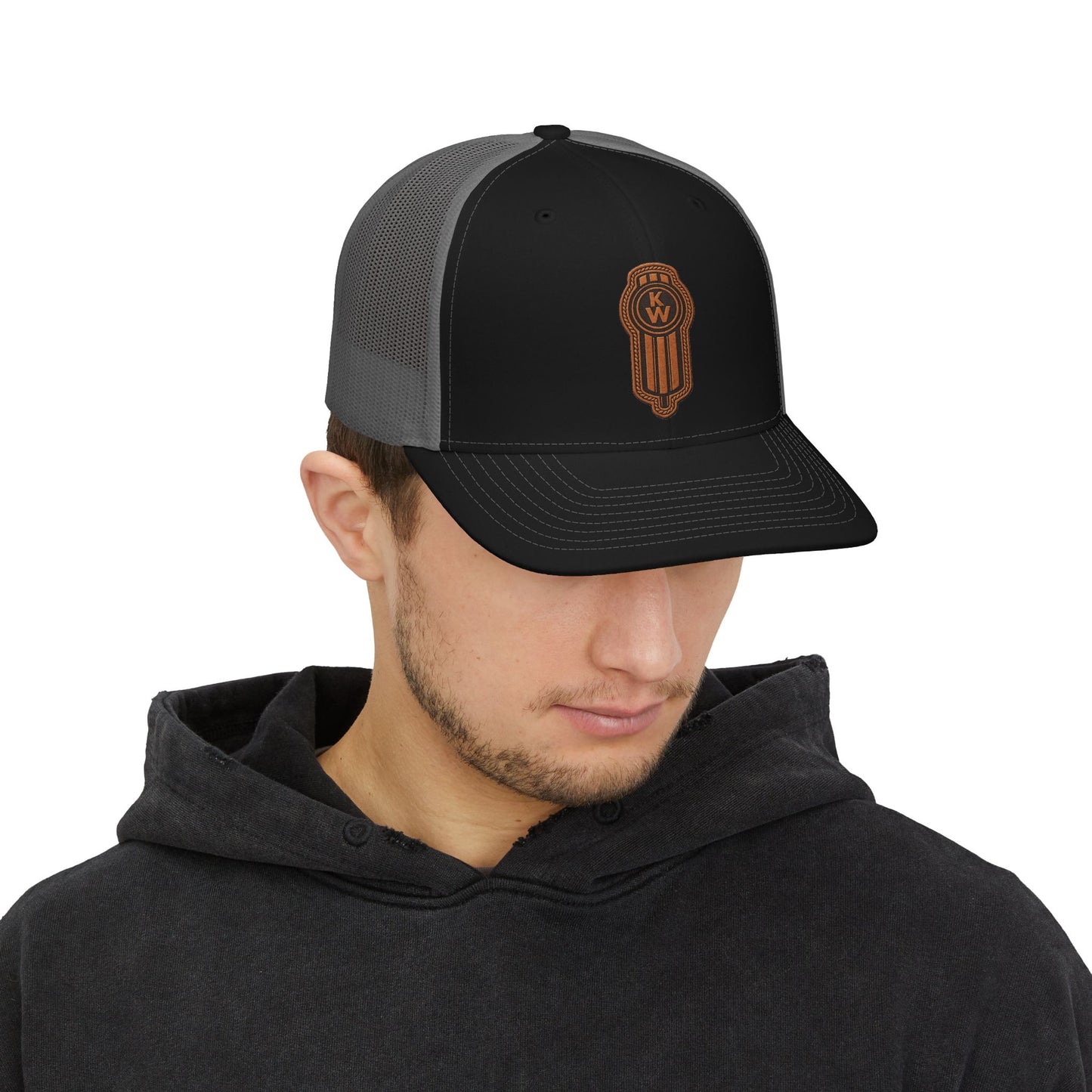 Trucker Cap with Brown Leather Patch Logo – Retro Embroidered Snapback