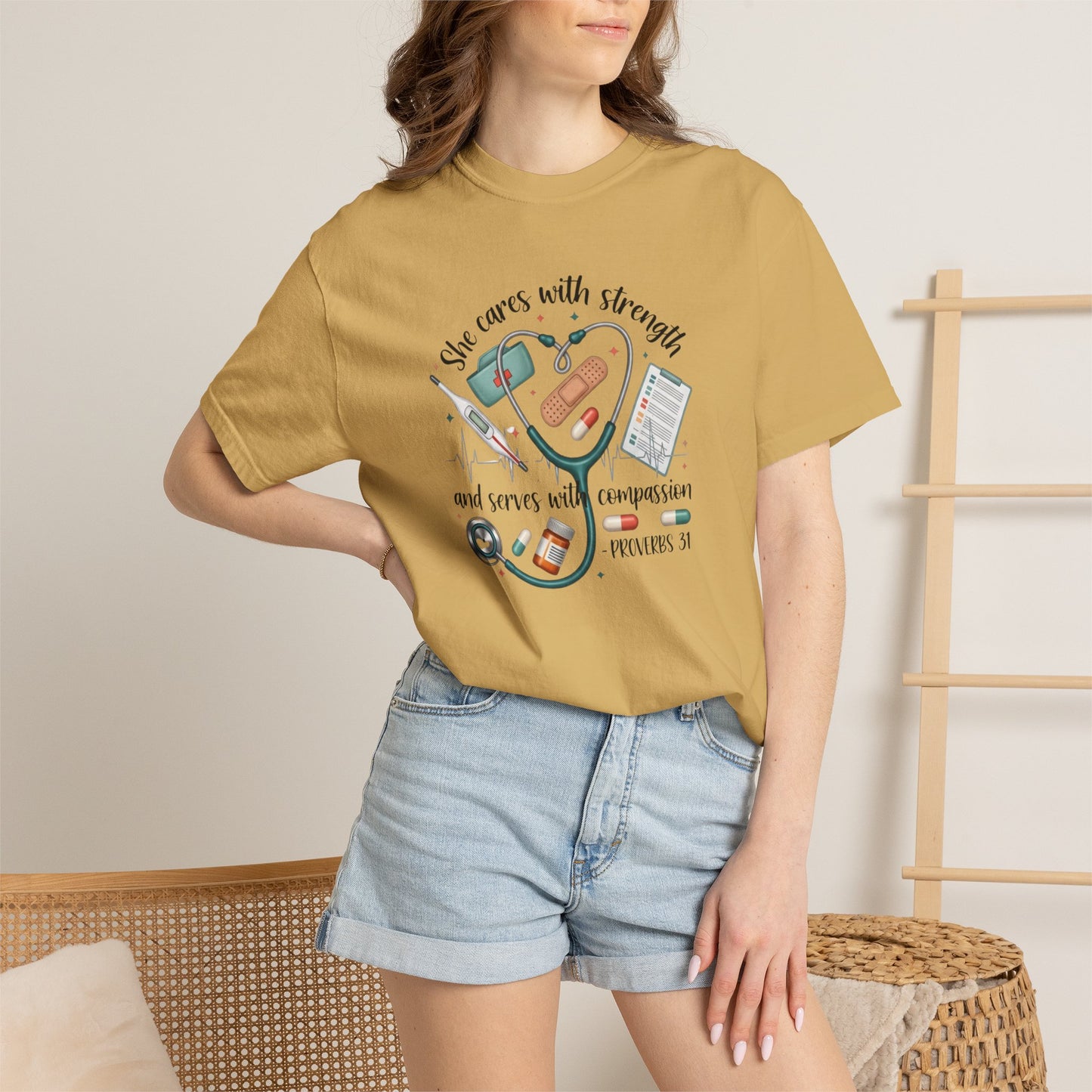Nurse Heartbeat Graphic T-Shirt — "She Cares with Strength" Psalm 31 Christian Tee