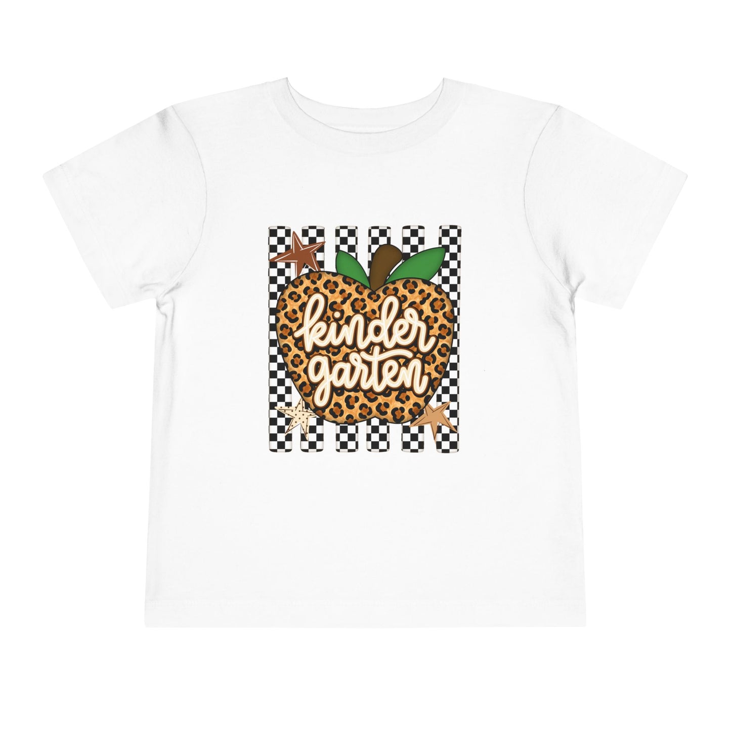 Kindergarten Leopard Apple Toddler Tee — Back-to-School Cute Checkered Shirt