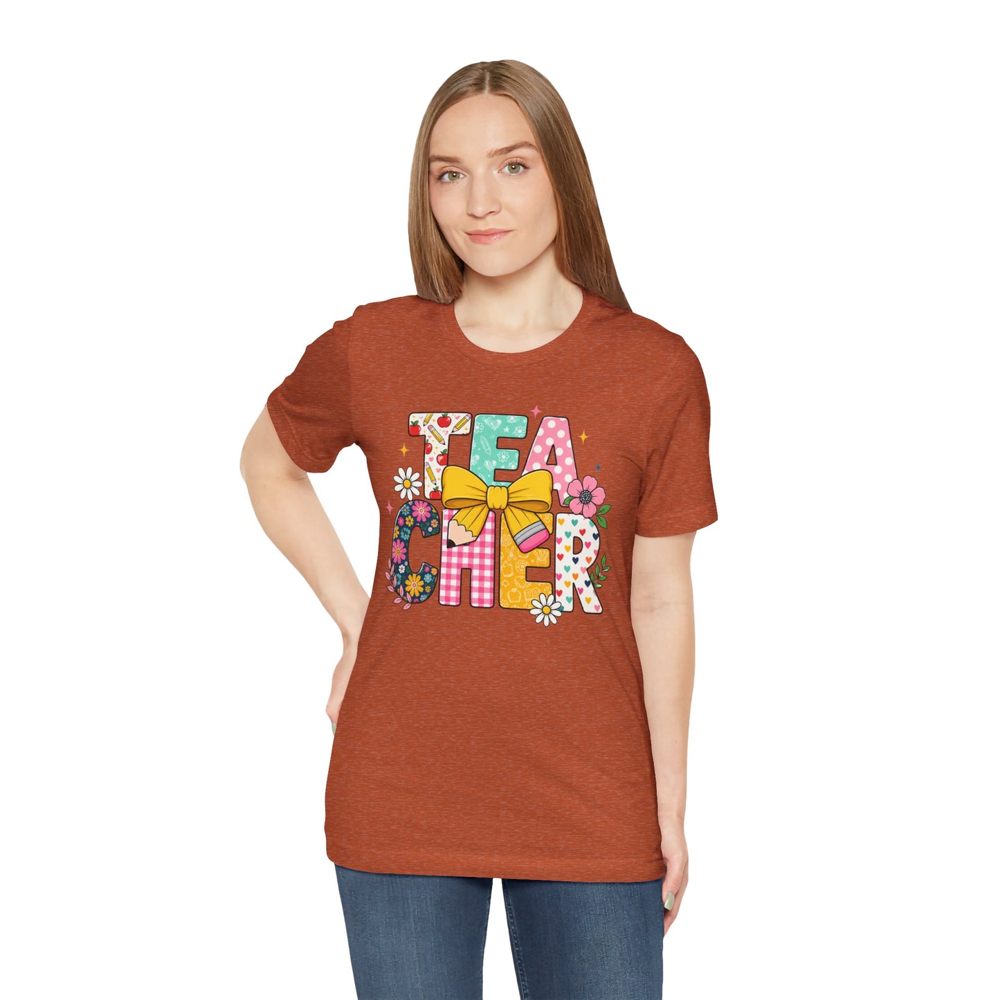 Teacher Floral Bow T-Shirt — Cute 'Teach er' Colorful School Shirt for Teachers