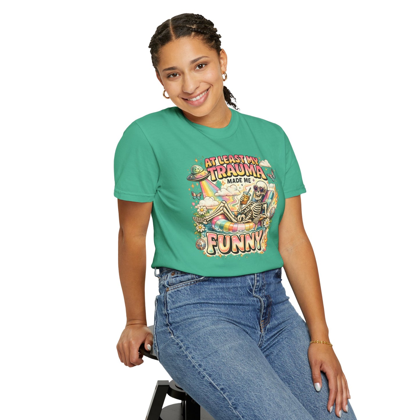 Funny Skeleton Graphic T-Shirt — "At Least My Trauma Made Me Funny"