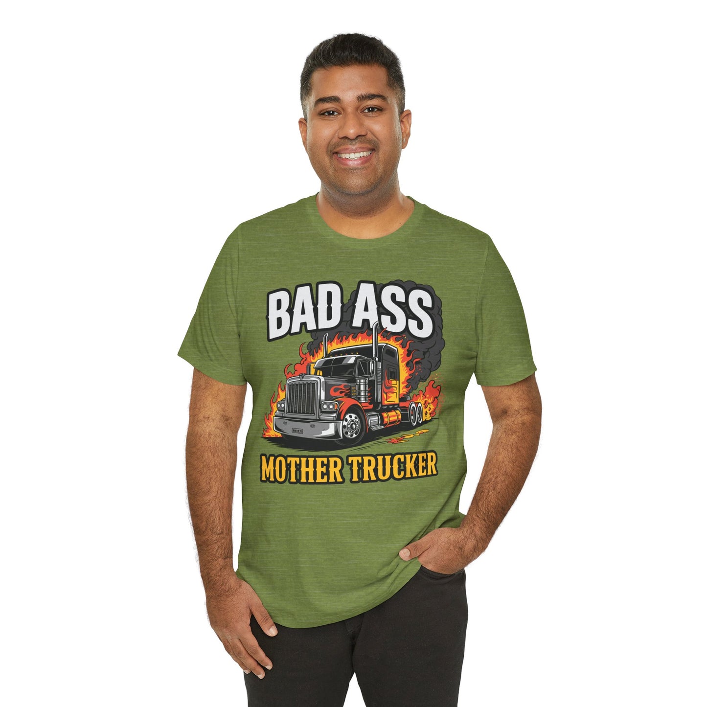 Bad Ass Mother Trucker Tee — Graphic Semi Truck Flames Shirt