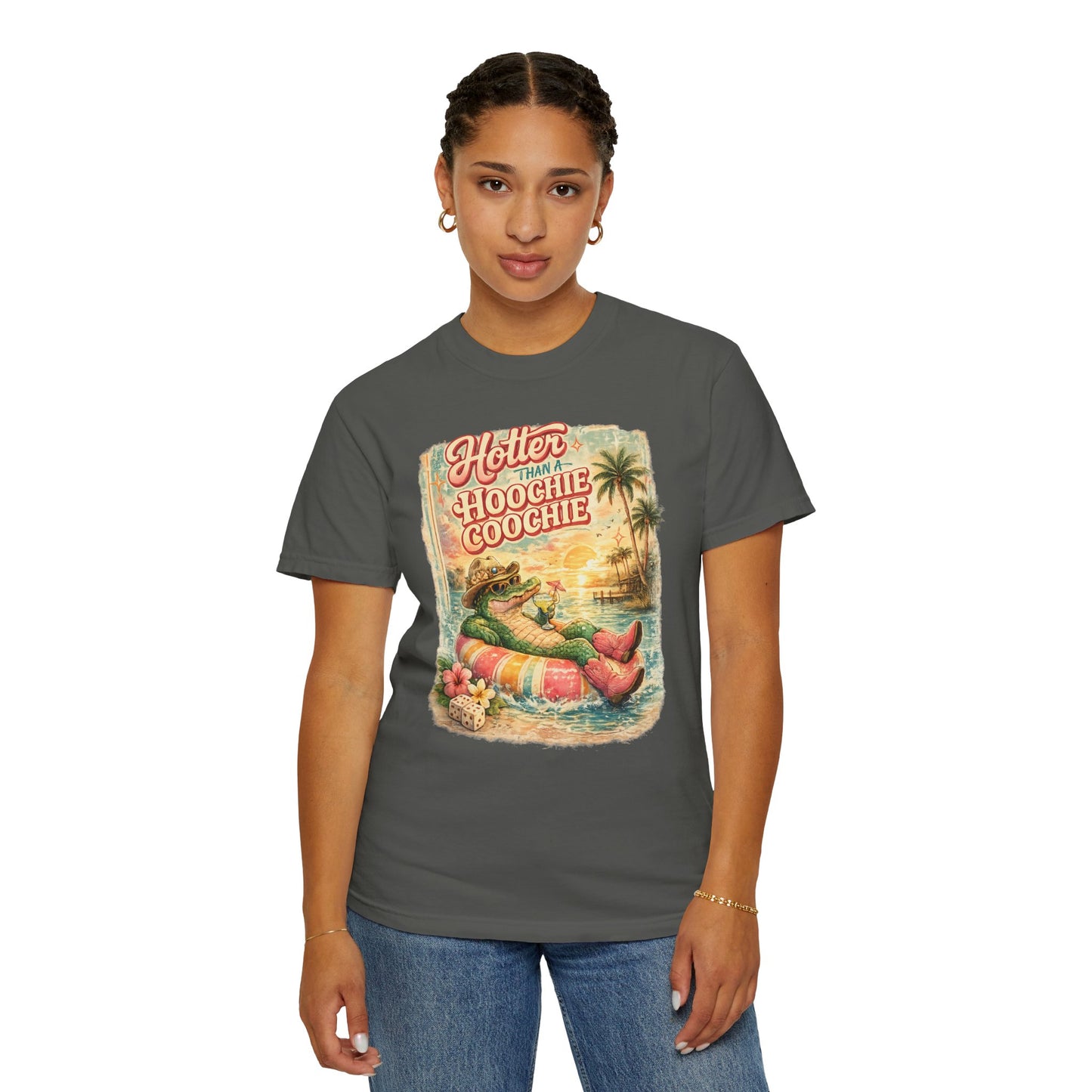 "Hotter Than a Hoochie Coochie" Retro Alligator Beach Graphic