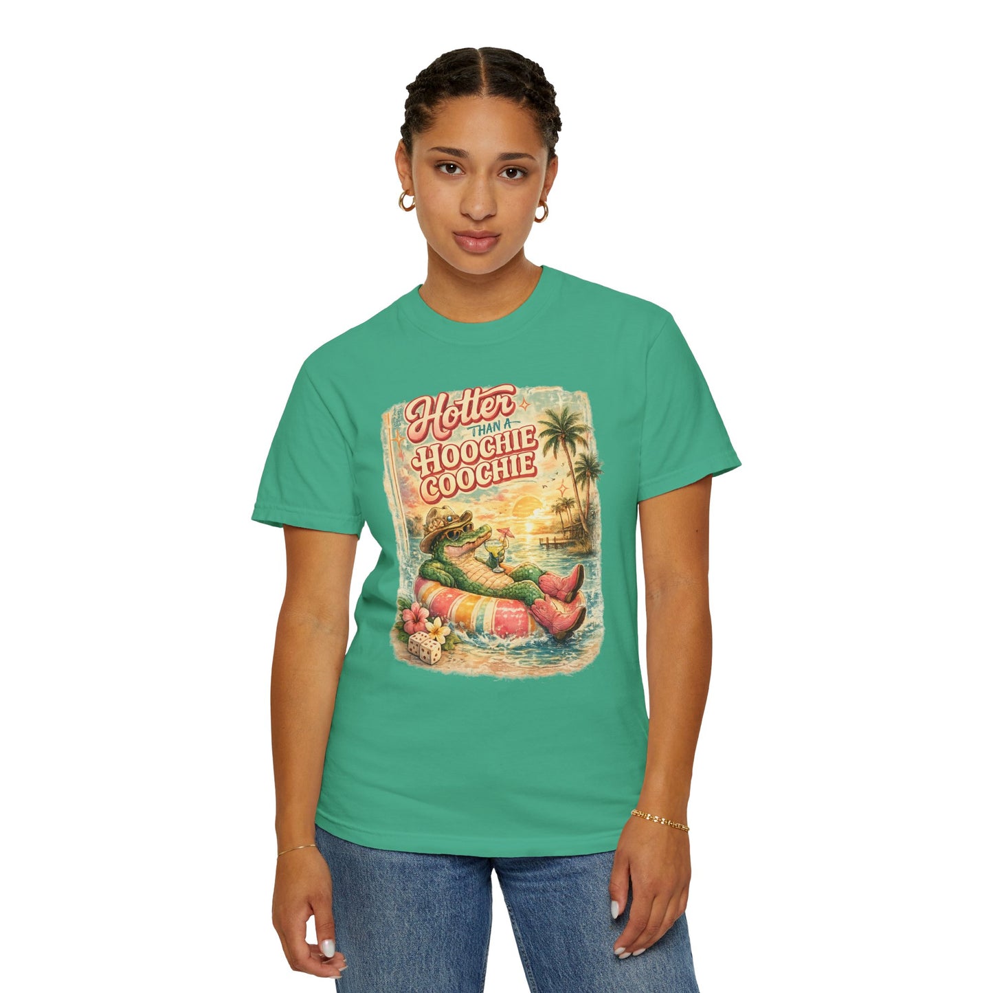 "Hotter Than a Hoochie Coochie" Retro Alligator Beach Graphic