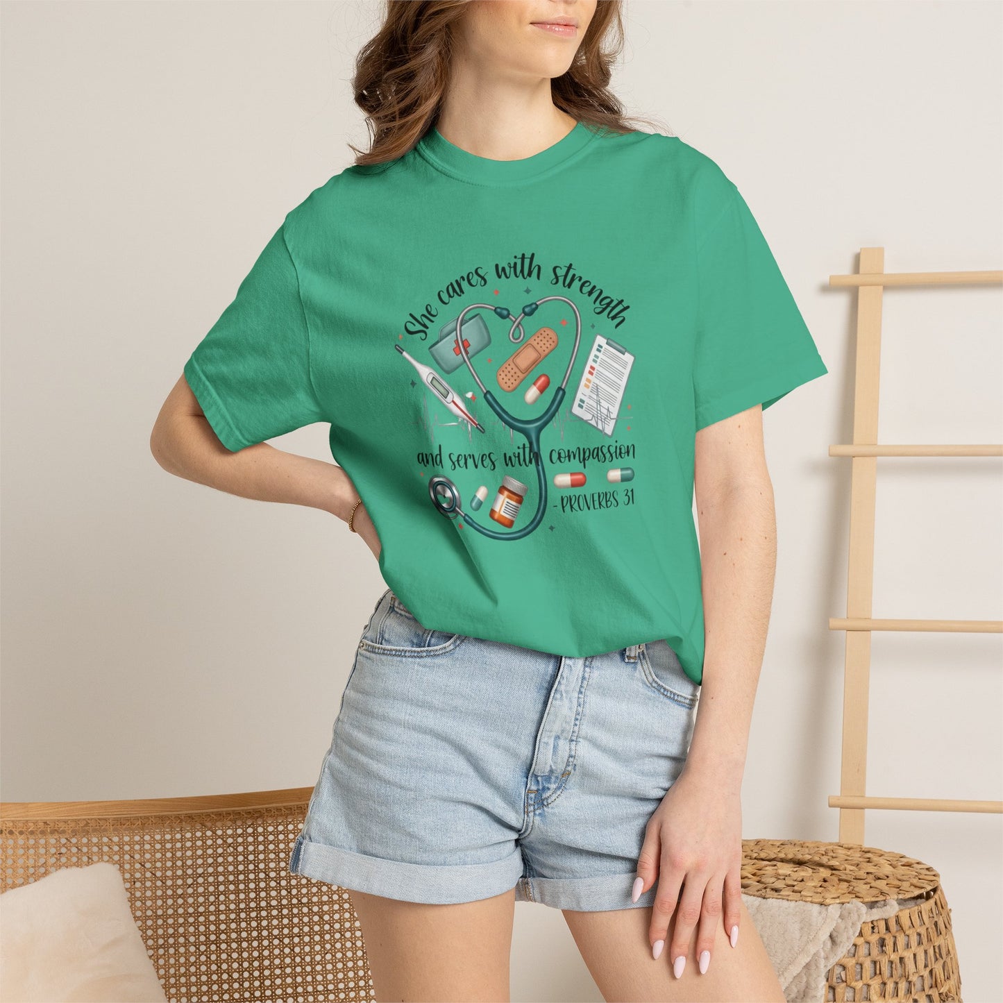 Nurse Heartbeat Graphic T-Shirt — "She Cares with Strength" Psalm 31 Christian Tee