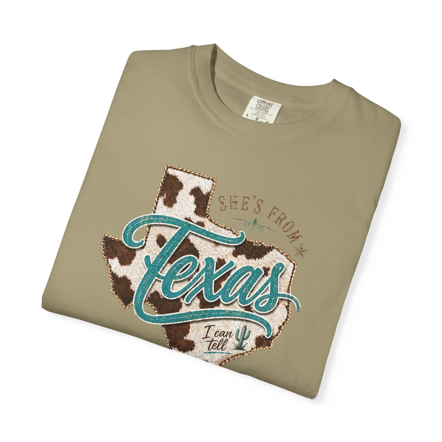 Texas Cowhide Graphic T-Shirt — "She's From Texas" Retro Western Tee
