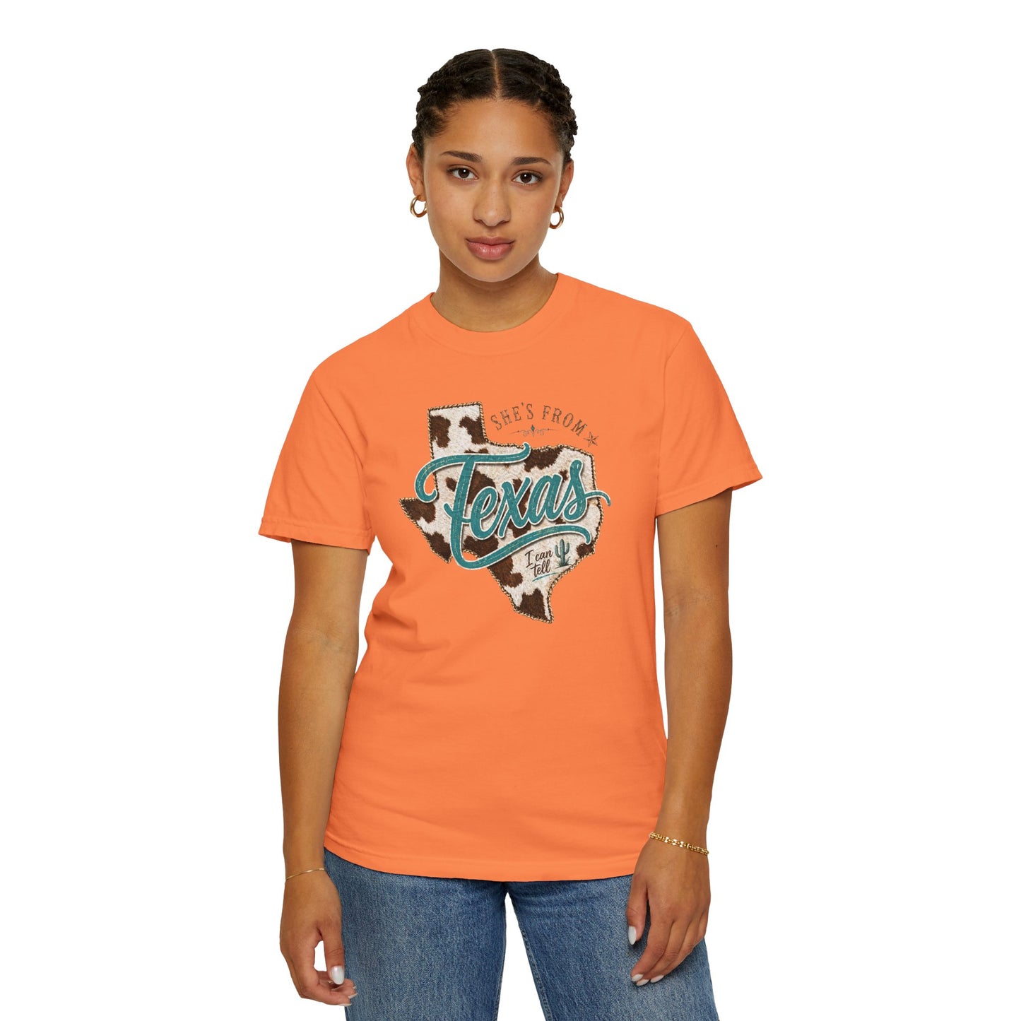 Texas Cowhide Graphic T-Shirt — "She's From Texas" Retro Western Tee