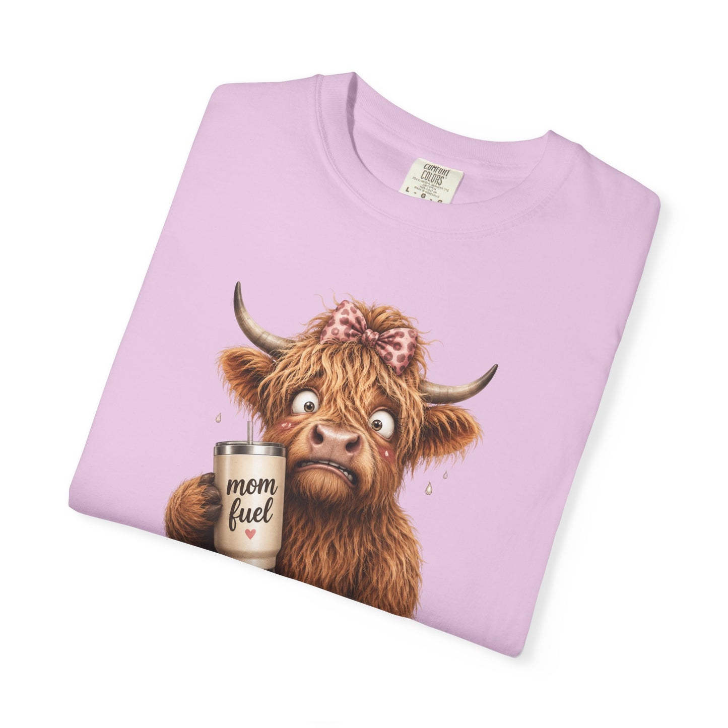Anxiety Loading T-Shirt — Cute Highland Cow with 'Mom Fuel' Mug