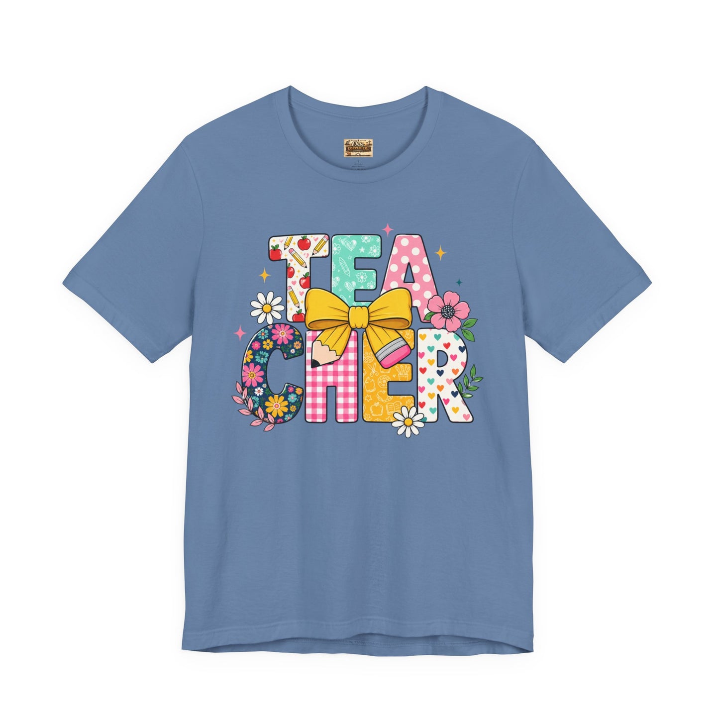 Teacher Floral Bow T-Shirt — Cute 'Teach er' Colorful School Shirt for Teachers