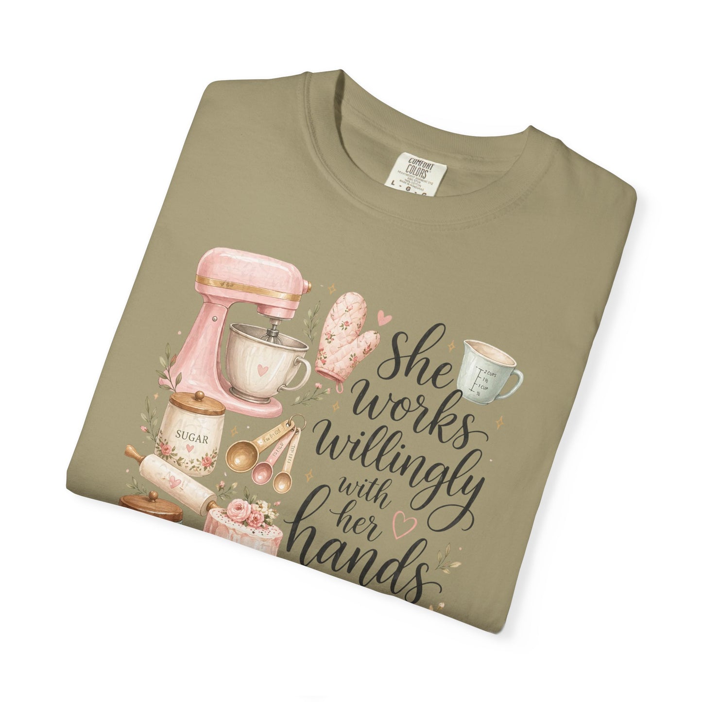 Baker’s Kitchen T-Shirt — “She Works Willingly With Her Hands” Floral Baking Design