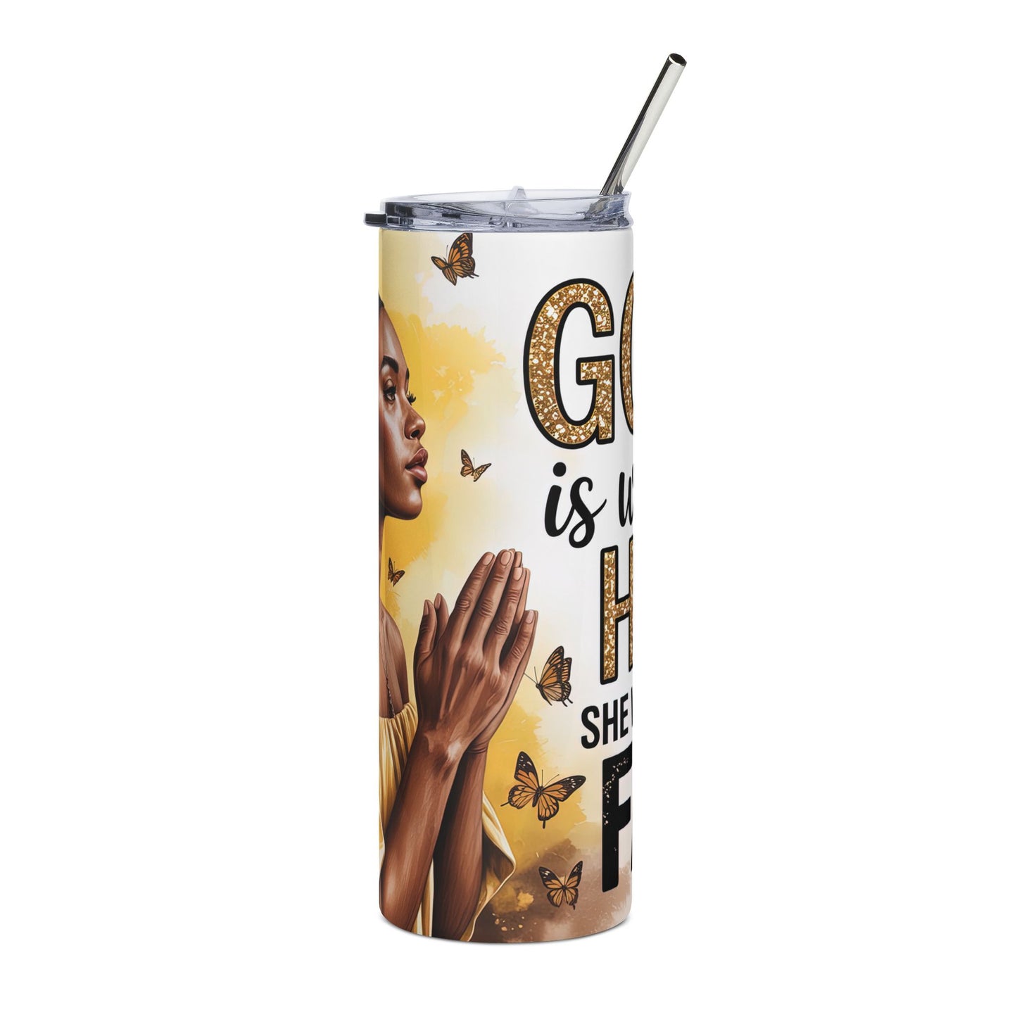 Prayerful Butterfly Stainless Steel Tumbler — "God is within her, she will not fall" 20oz