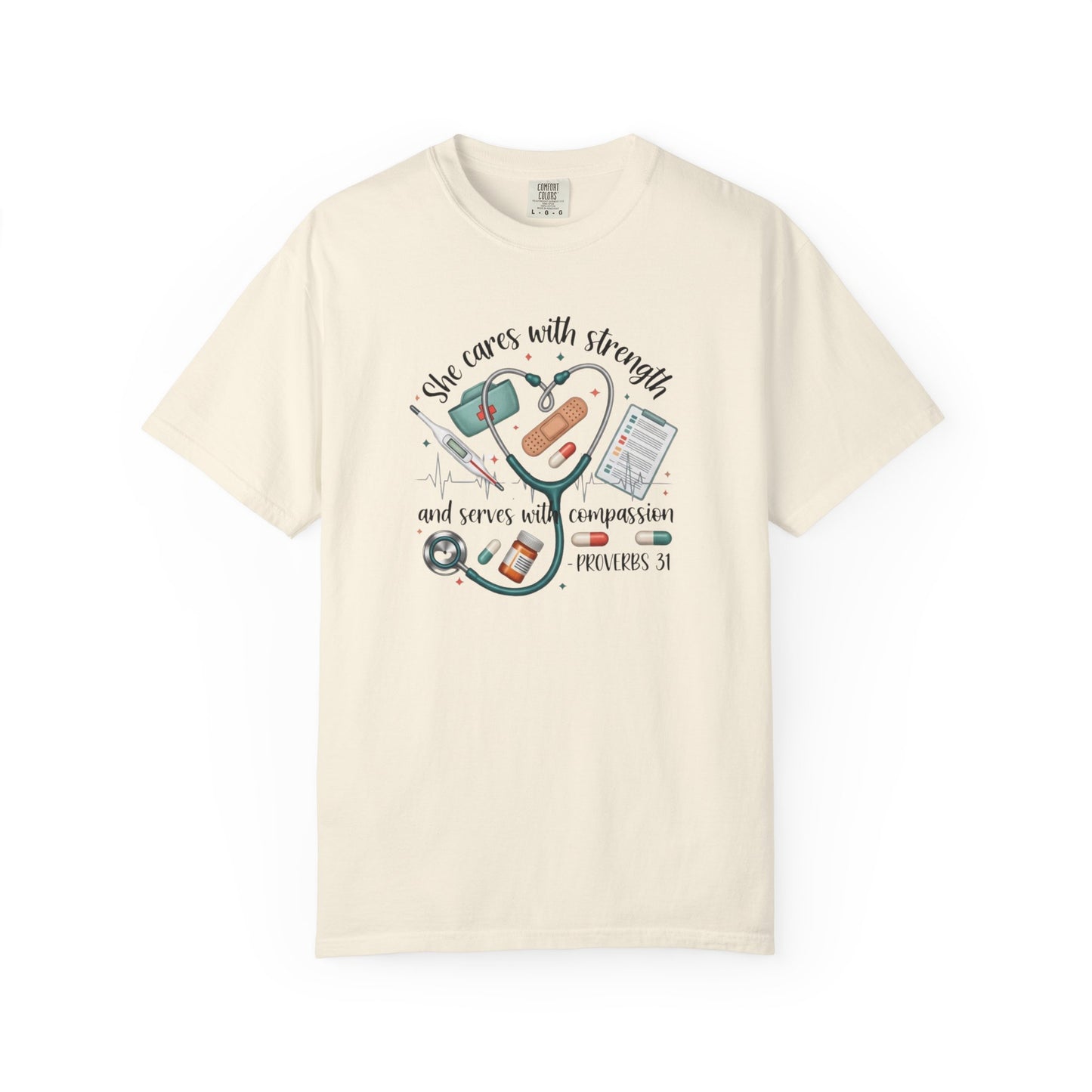 Nurse Heartbeat Graphic T-Shirt — "She Cares with Strength" Psalm 31 Christian Tee