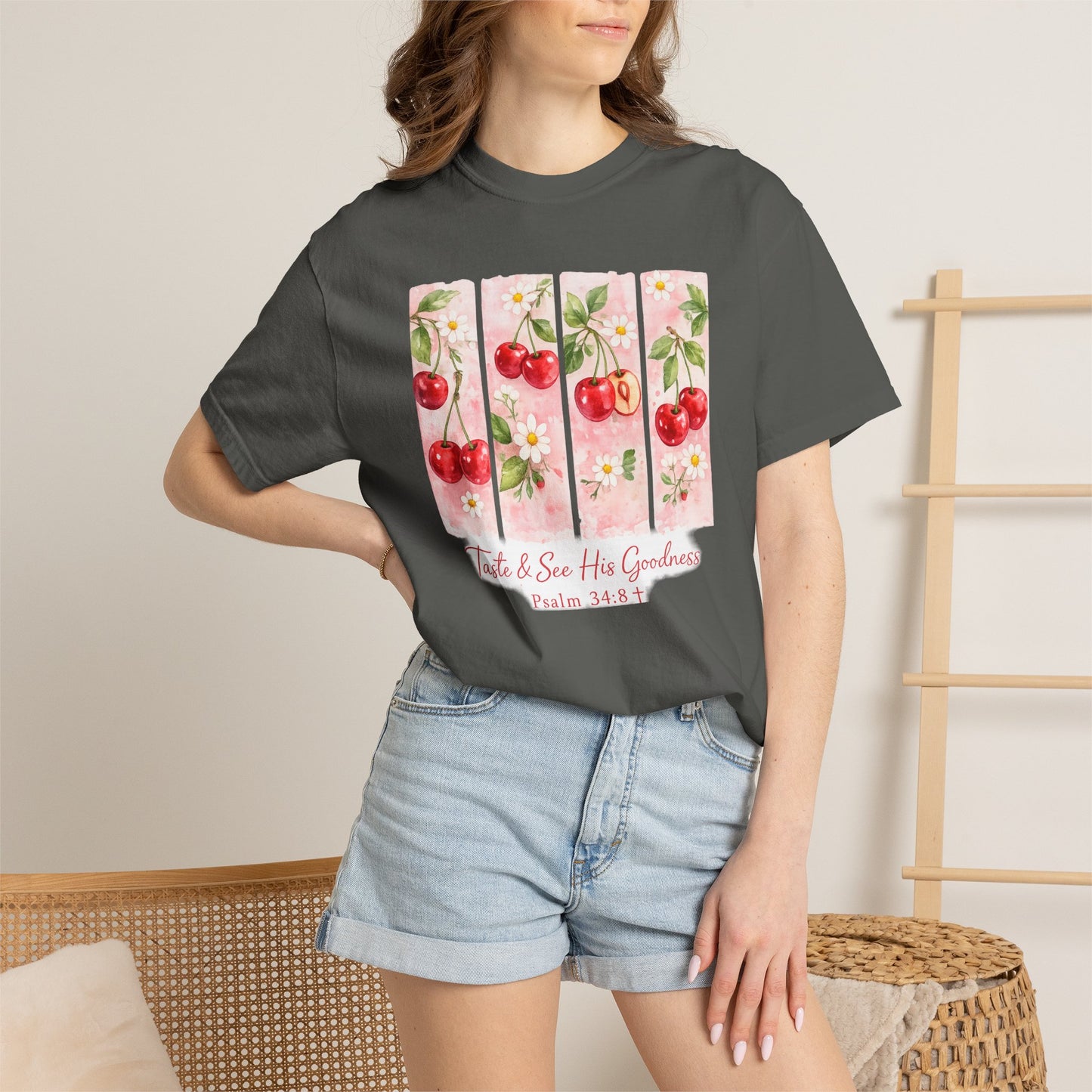 T-Shirt — "Taste & See His Goodness" Cherry Scripture Tee (Psalm 34:8)
