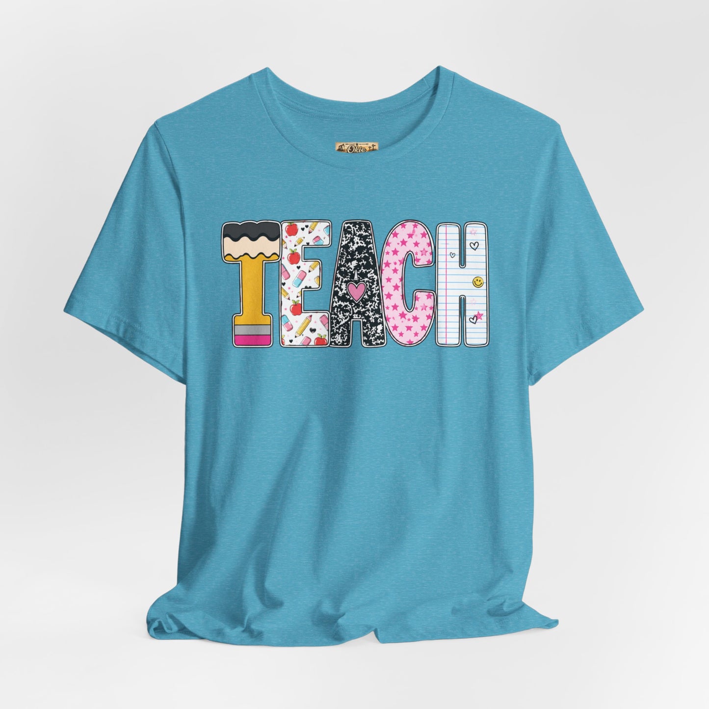Teach Colorblock Graphic Tee – Cute Patterned Teacher T-Shirt