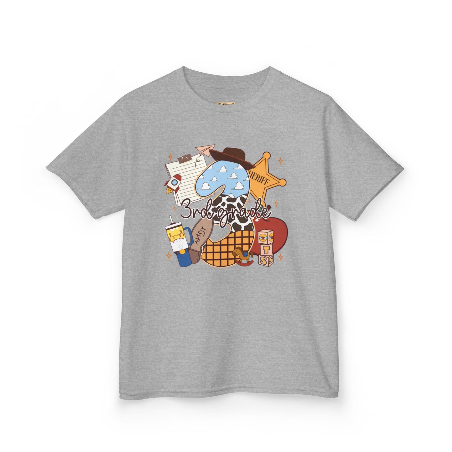 Kids Tee — 3rd Grade School Life Graphic (apple, donut, sheriff star)