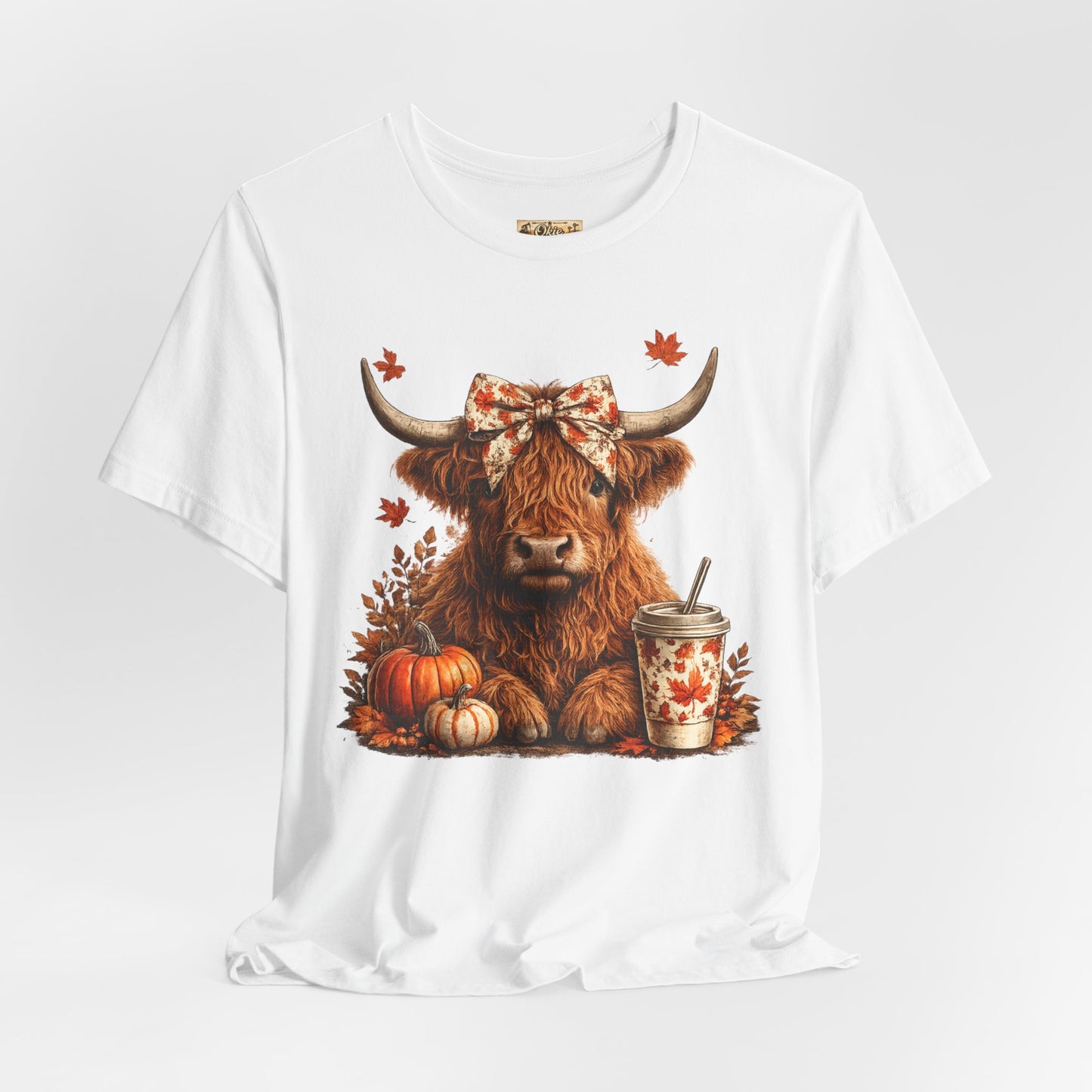 Autumn Highland Cow Tee — Fall Pumpkin Latte Graphic T-Shirt