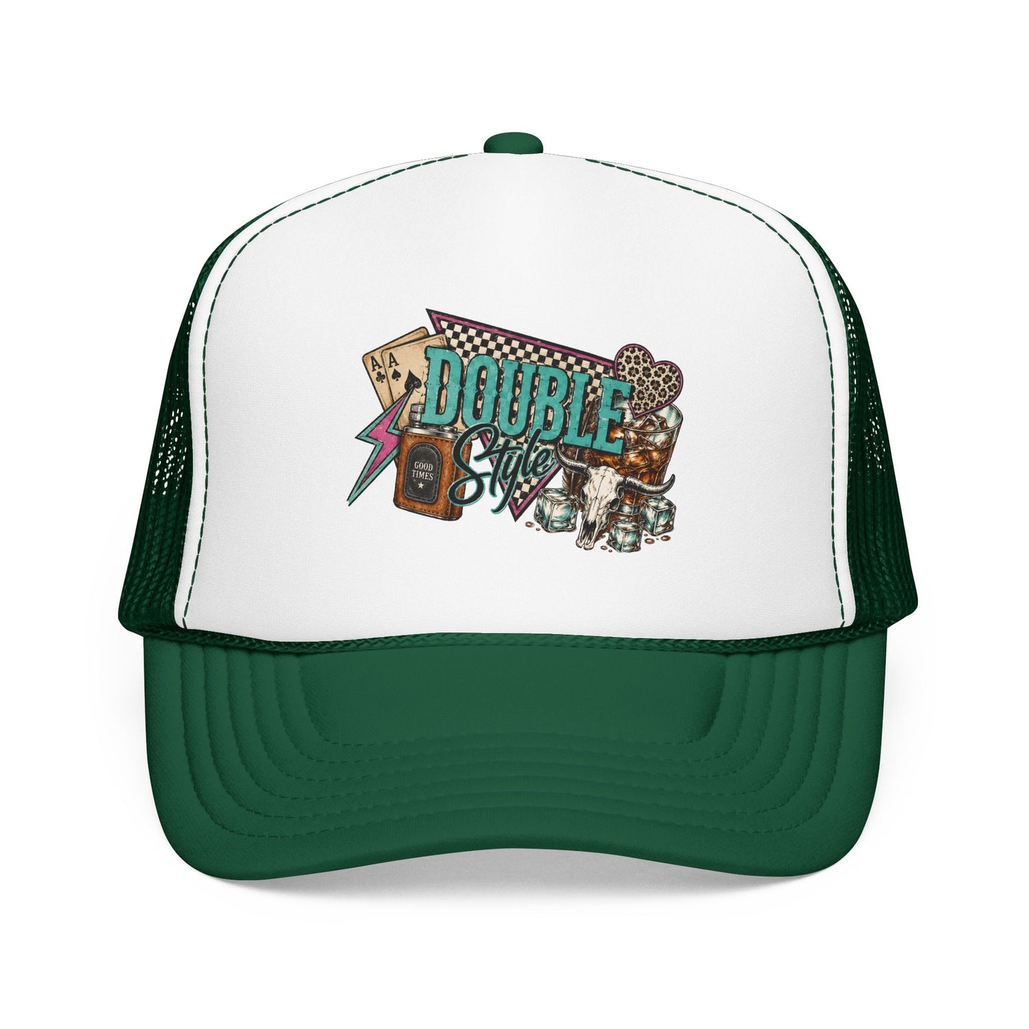 Double Shot Retro Foam Trucker Hat — Vintage Neon Coffee & Camera Patch