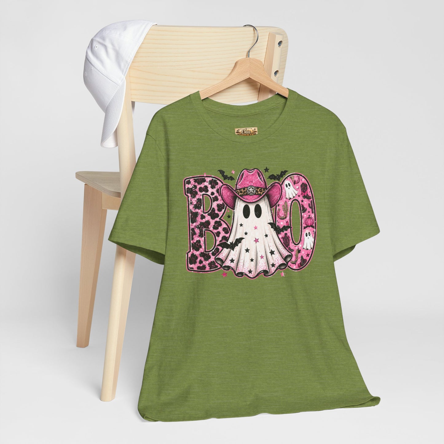 Boo Pink Leopard Ghost Tee — Cute Cowgirl Halloween T-Shirt