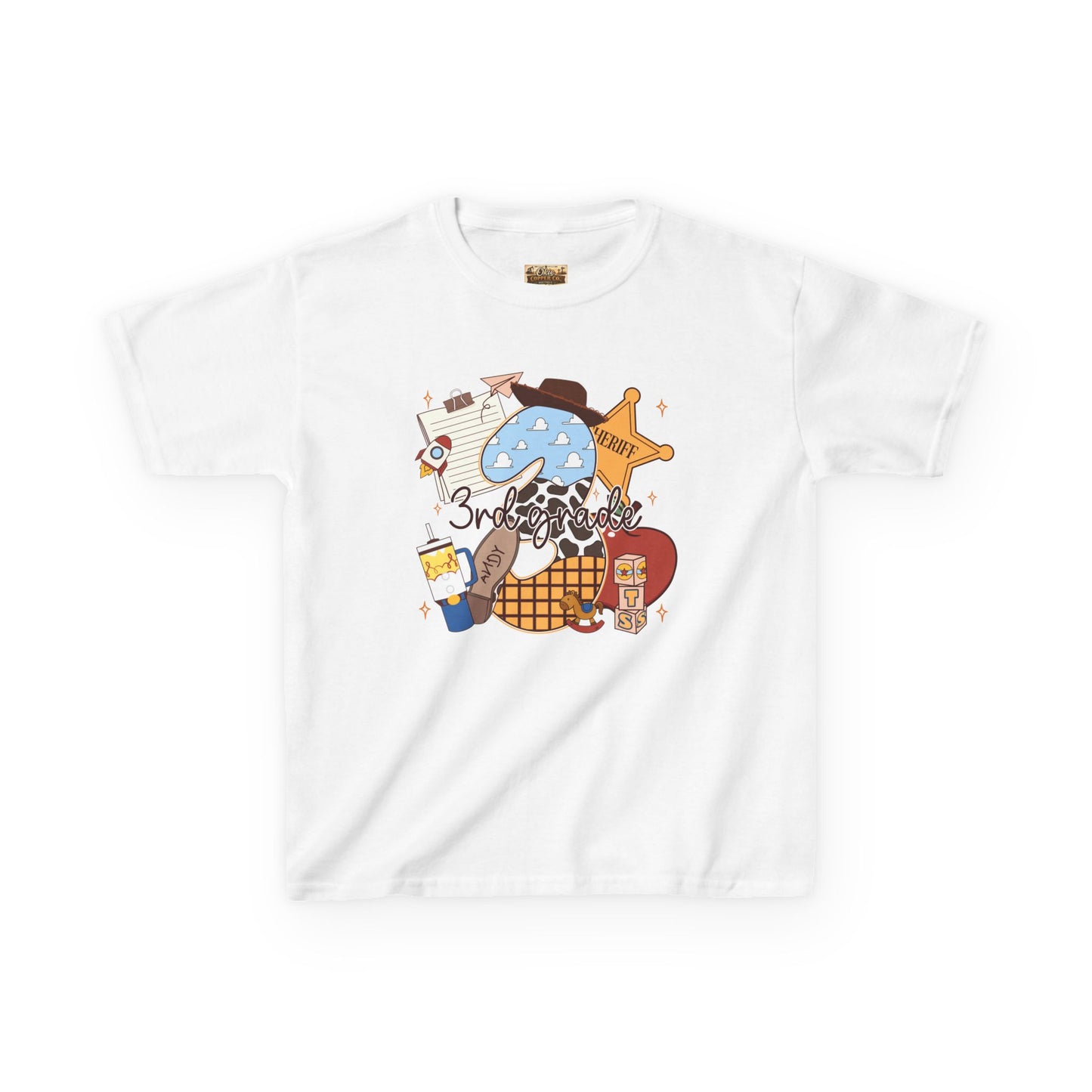 Kids Tee — 3rd Grade School Life Graphic (apple, donut, sheriff star)