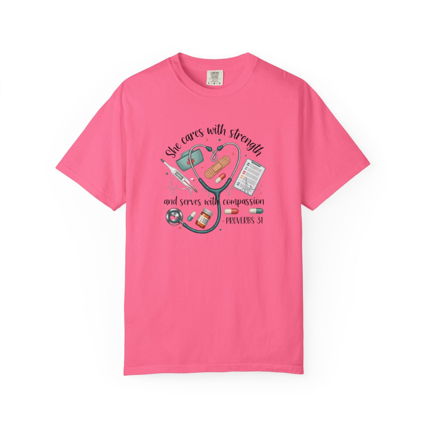 Nurse Heartbeat Graphic T-Shirt — "She Cares with Strength" Psalm 31 Christian Tee