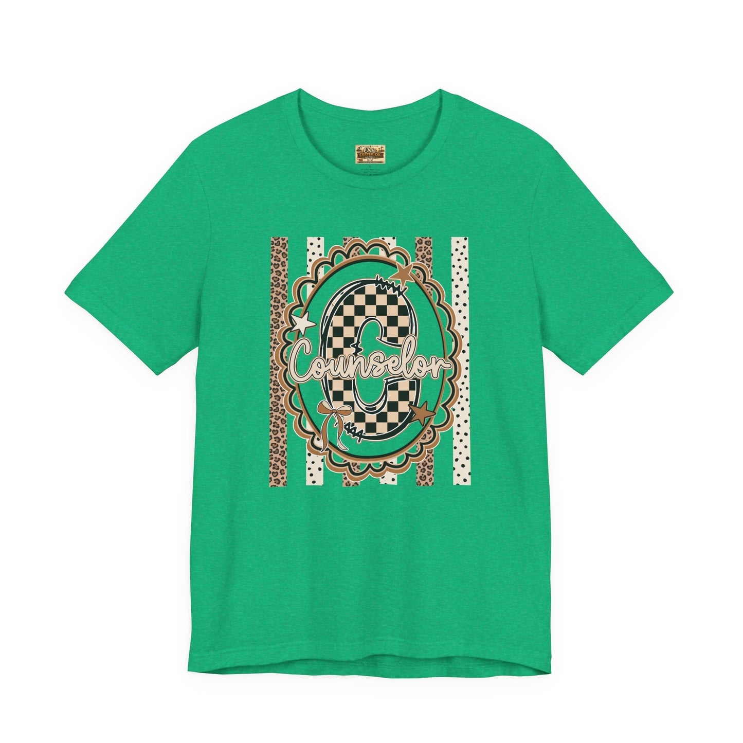 Counselor Tee — Retro Checkerboard & Leopard Print Graphic T-Shirt