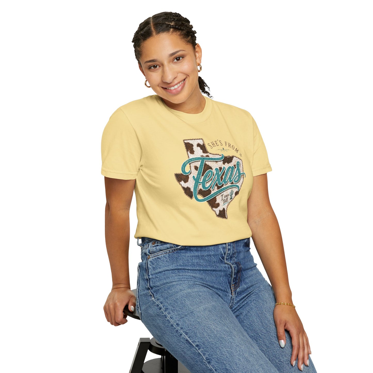 Texas Cowhide Graphic T-Shirt — "She's From Texas" Retro Western Tee