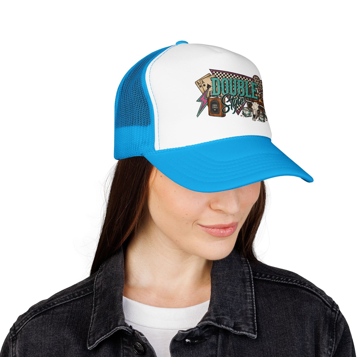 Double Shot Retro Foam Trucker Hat — Vintage Neon Coffee & Camera Patch