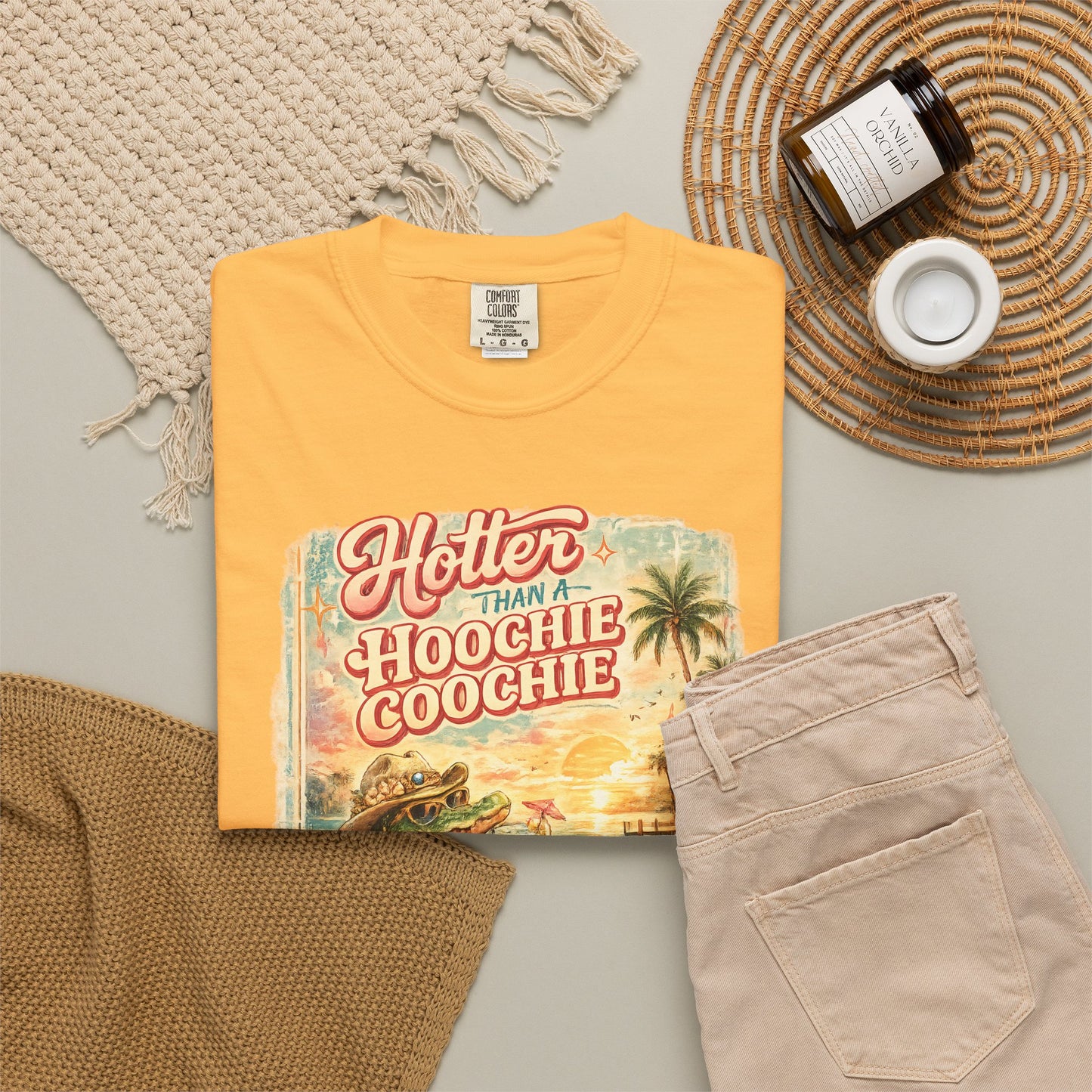 "Hotter Than a Hoochie Coochie" Retro Alligator Beach Graphic