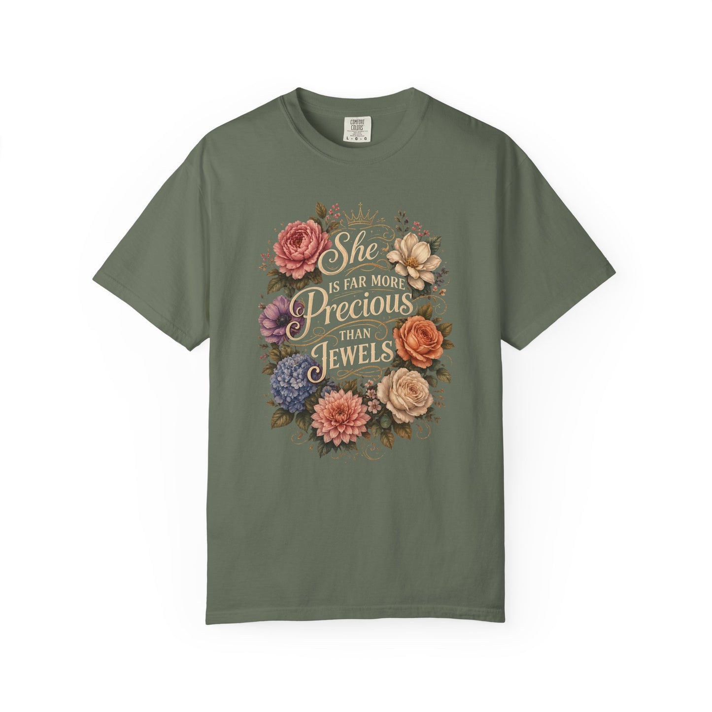 T-Shirt — “She Is Far More Precious Than Jewels” Floral Inspirational Tee