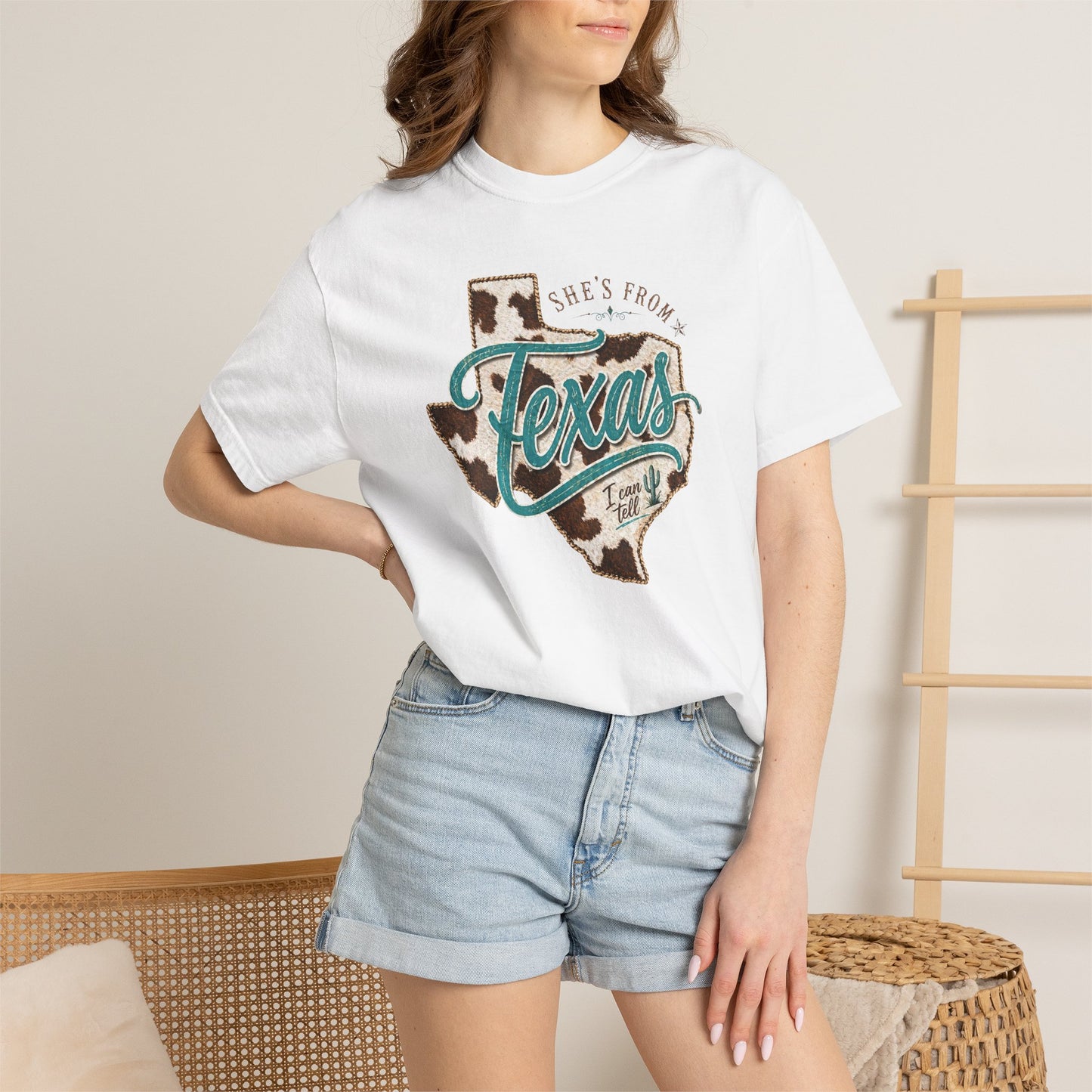 Texas Cowhide Graphic T-Shirt — "She's From Texas" Retro Western Tee