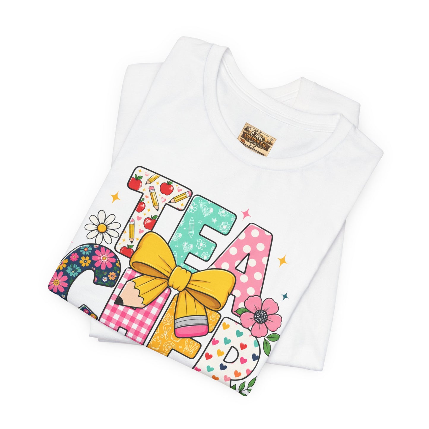 Teacher Floral Bow T-Shirt — Cute 'Teach er' Colorful School Shirt for Teachers