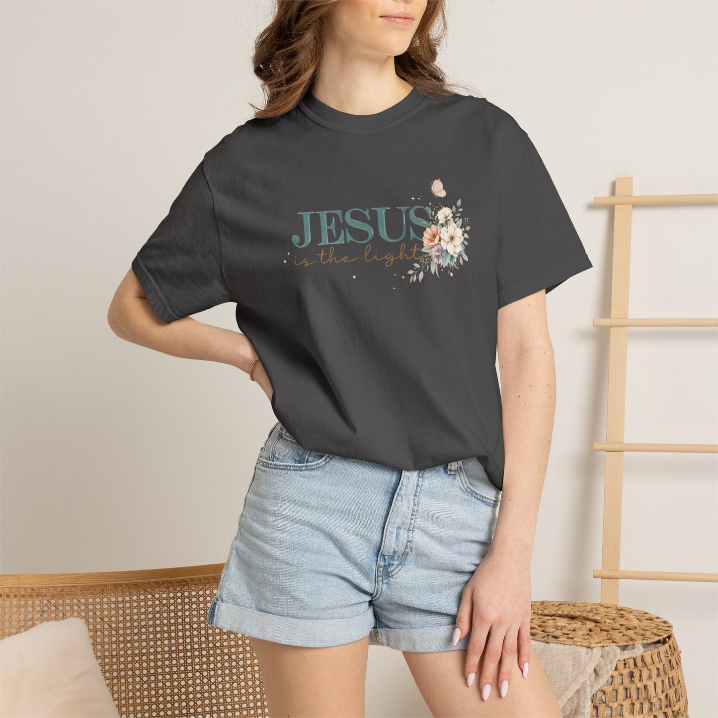 Jesus Is the Light T-Shirt — Floral Cross Christian Tee (Walking in Faith)