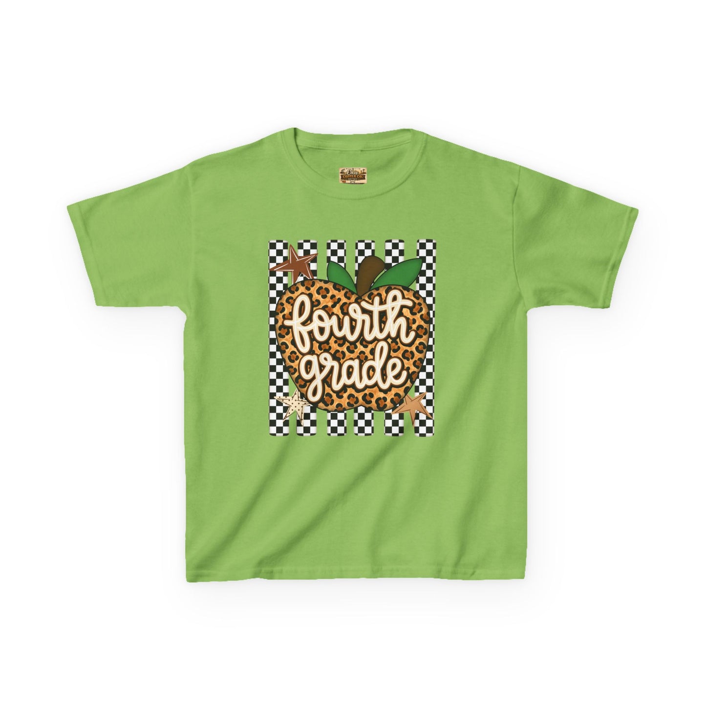 Fourth Grade Apple Kids T‑Shirt — Leopard & Checkerboard Back-to-School Tee