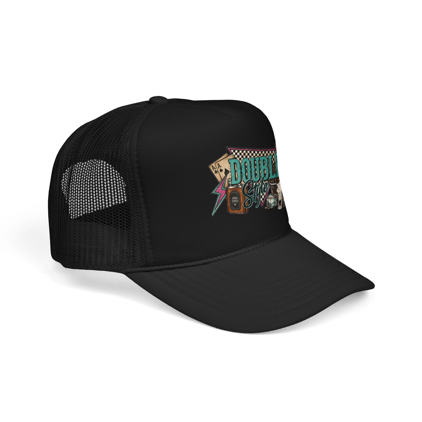 Double Shot Retro Foam Trucker Hat — Vintage Neon Coffee & Camera Patch
